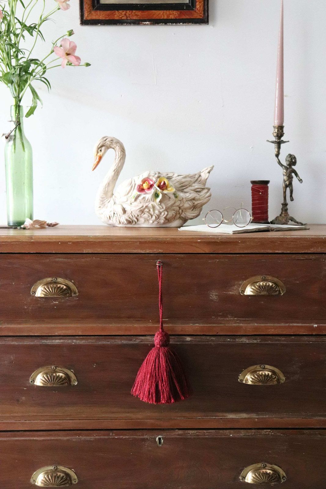 Stripped Pine Three Drawer Washstand Or Chest Of Drawers With Distressed Finish And Brass Cup Handles photo for sale