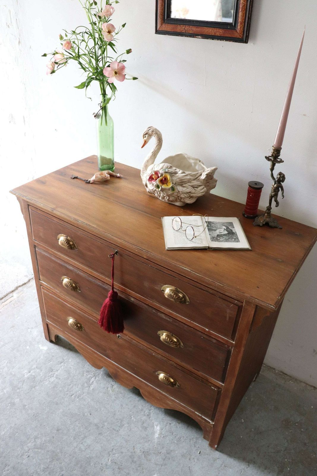 Stripped Pine Three Drawer Washstand Or Chest Of Drawers With Distressed Finish And Brass Cup Handles photo buy