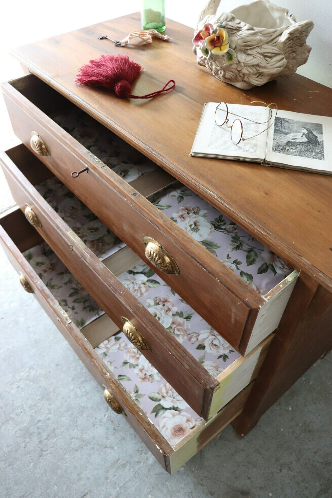 photo furniture Stripped Pine Three Drawer Washstand Or Chest Of Drawers With Distressed Finish And Brass Cup Handles