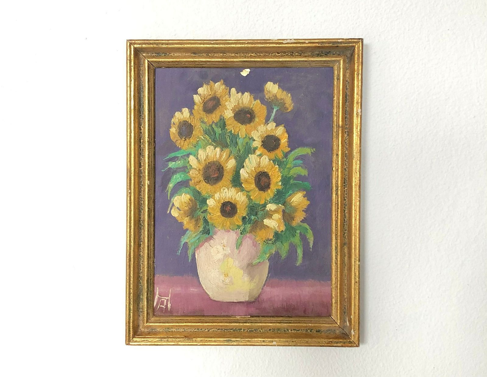 Danish Mid Century Oil Painting Signed Ha With Motive Of Vase With Yellow Flowers
