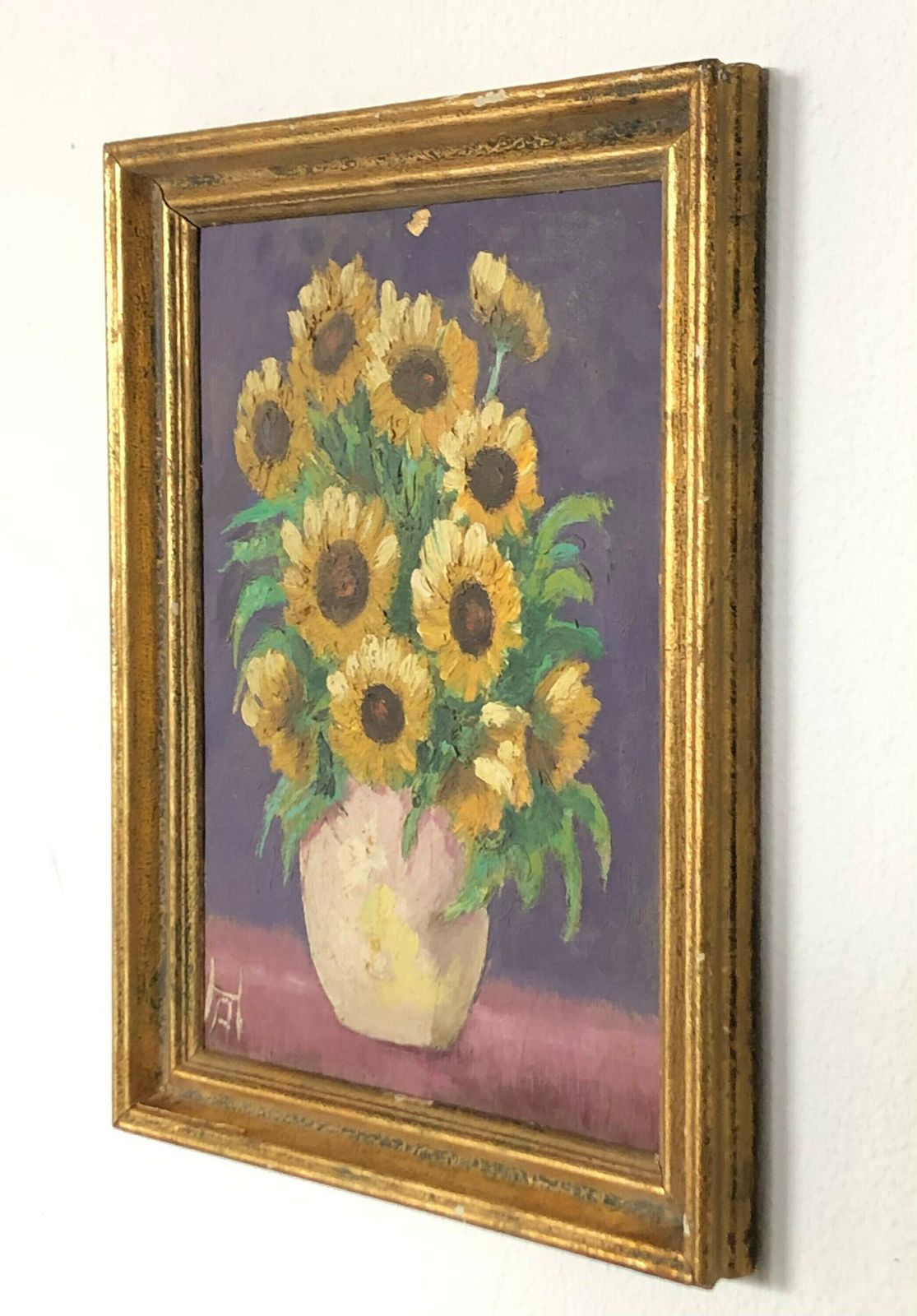Danish Mid Century Oil Painting Signed Ha With Motive Of Vase With Yellow Flowers photo Art