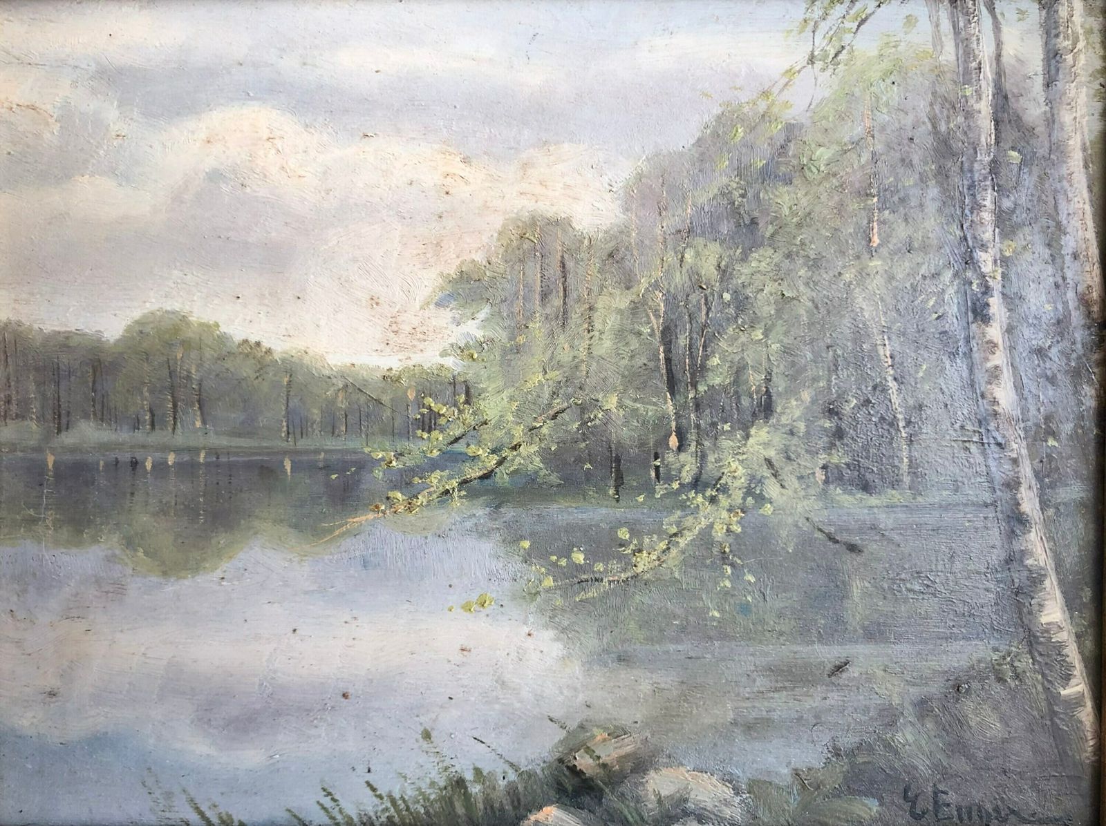 Vintage Landscape Oil Painting From Denmark With Motive Of A Large Lake With Surrounding Birch Trees photo for sale