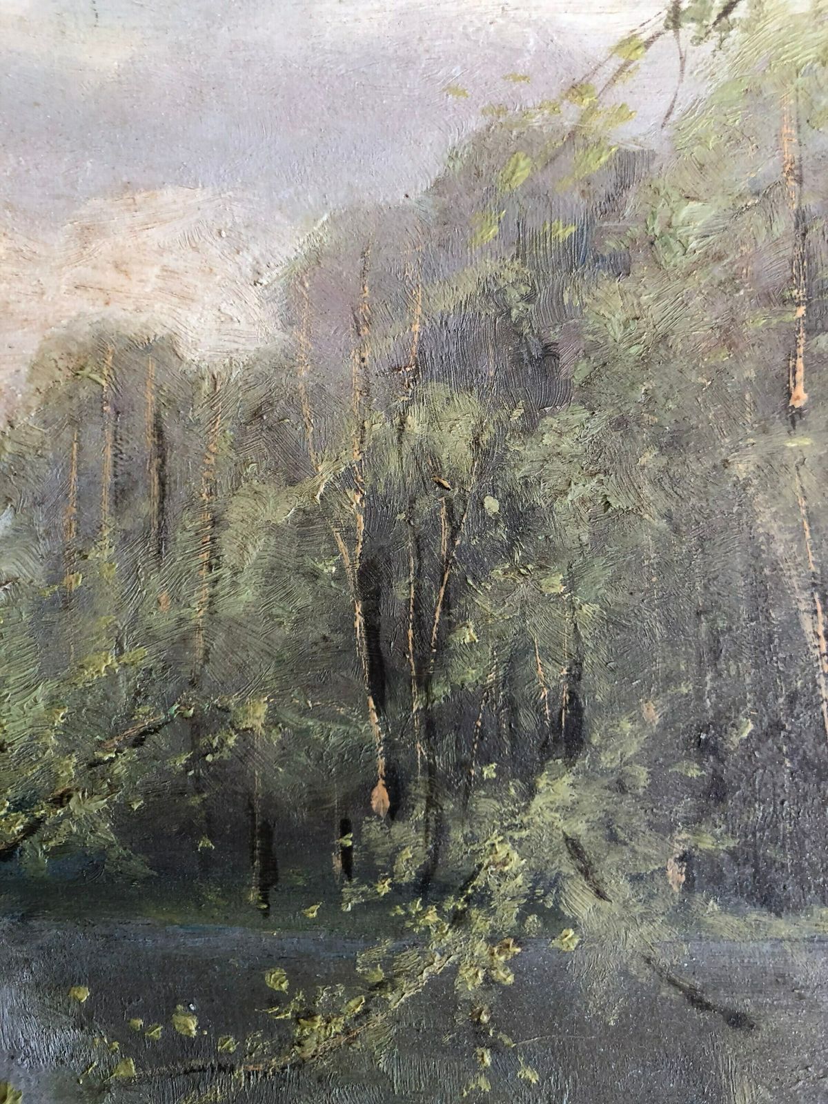 Vintage Landscape Oil Painting From Denmark With Motive Of A Large Lake With Surrounding Birch Trees photo buy
