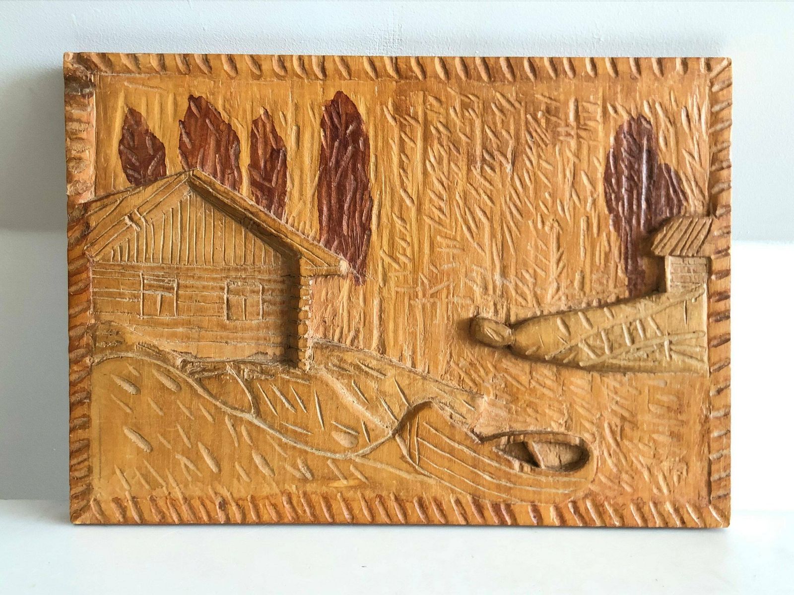 Vintage Woodcut Relief From 1976 By Danish Artist Chr. Jørgensen With Motive Of Cabins And A Boat At A Lake