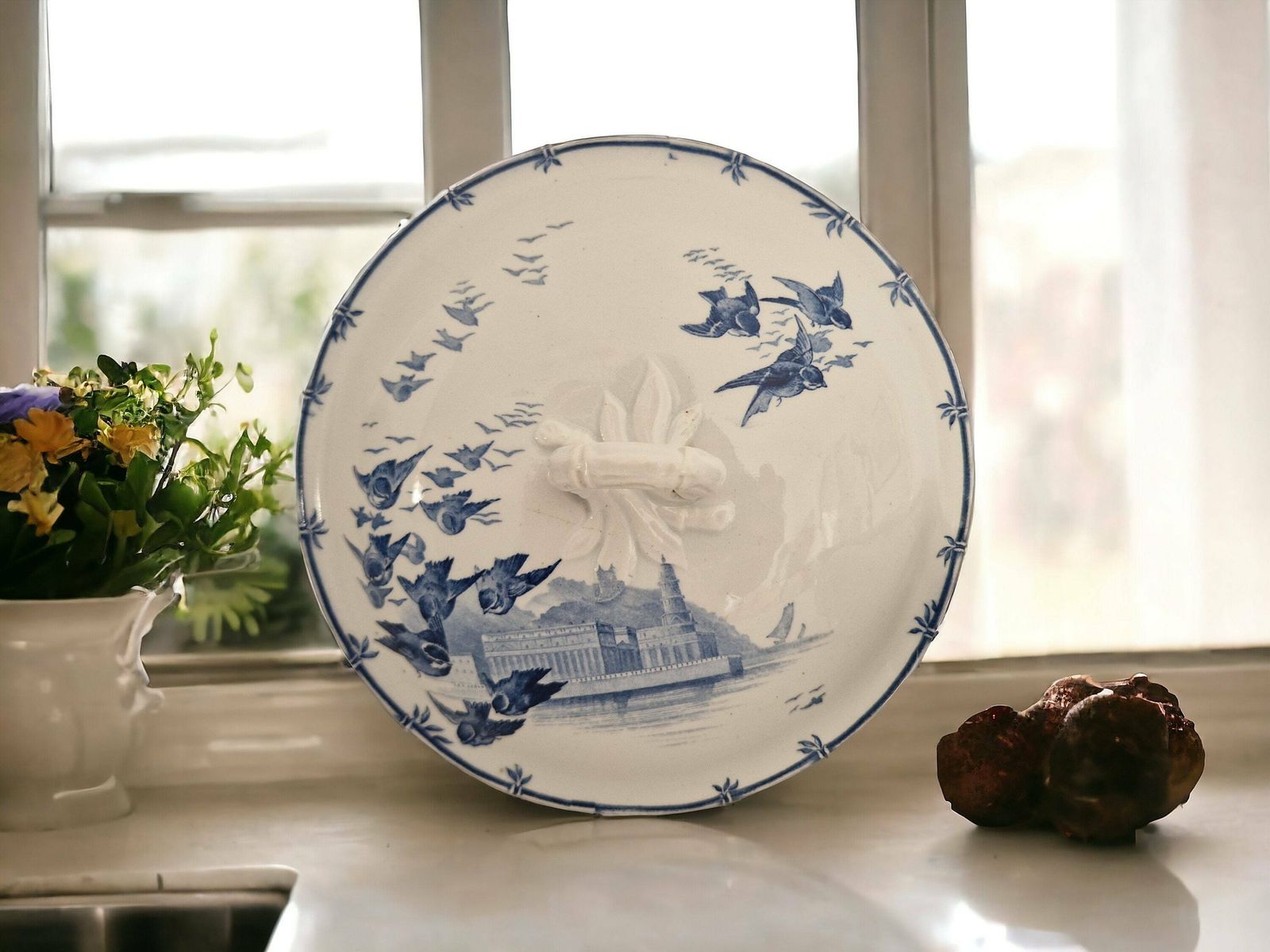 Antique French Blue Transferware Soup Tureen By Gien In Vol D'oiseaux Pattern, 19th Century Ceramic Serving Dish photo buy