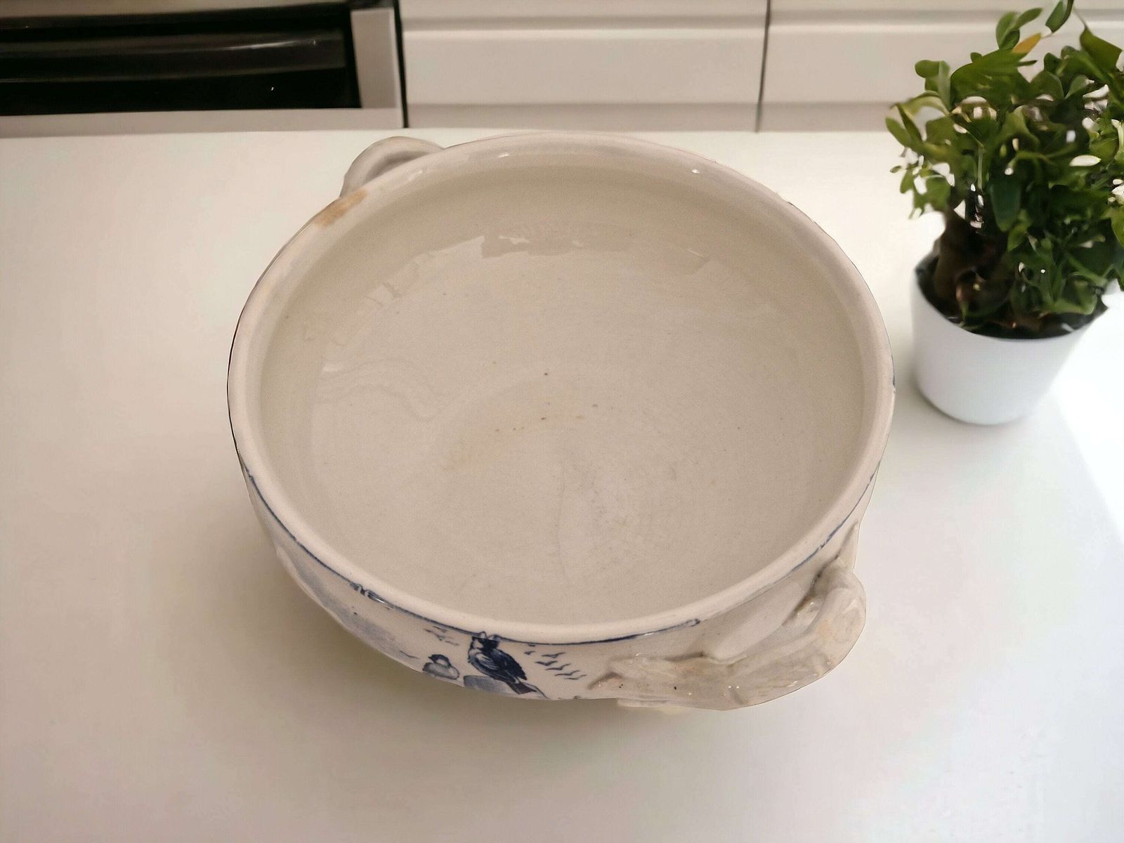Antique French Blue Transferware Soup Tureen By Gien In Vol D'oiseaux Pattern, 19th Century Ceramic Serving Dish photo vintage