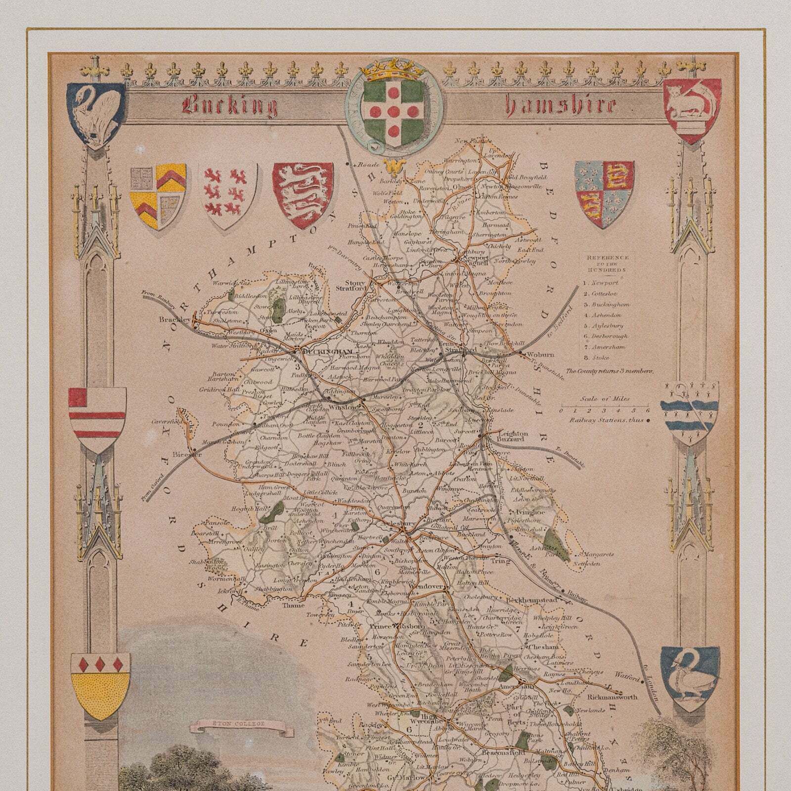 Antique Lithography Map, Buckinghamshire, English, Framed Cartography, Victorian photo Art