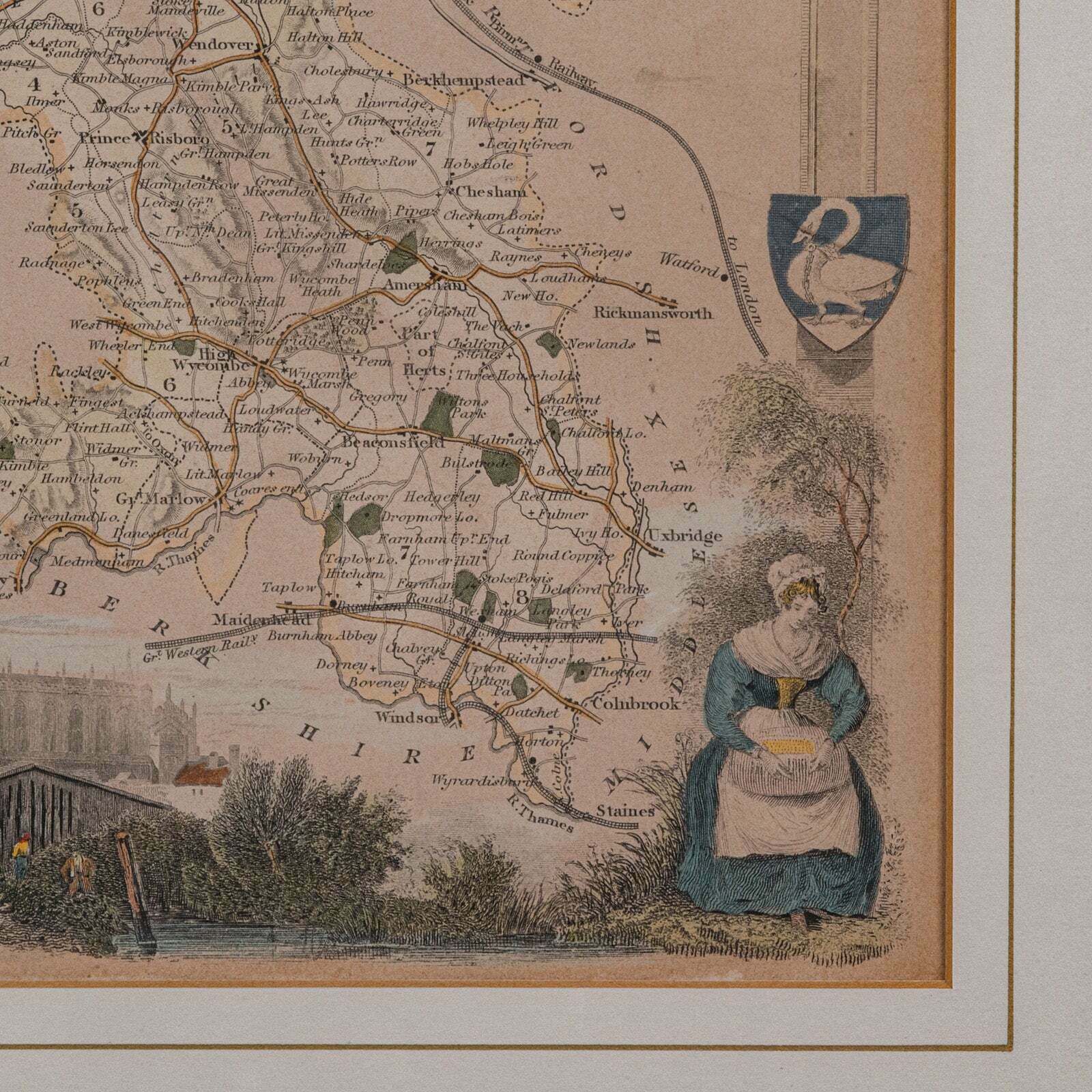 Antique Lithography Map, Buckinghamshire, English, Framed Cartography, Victorian photo vintage