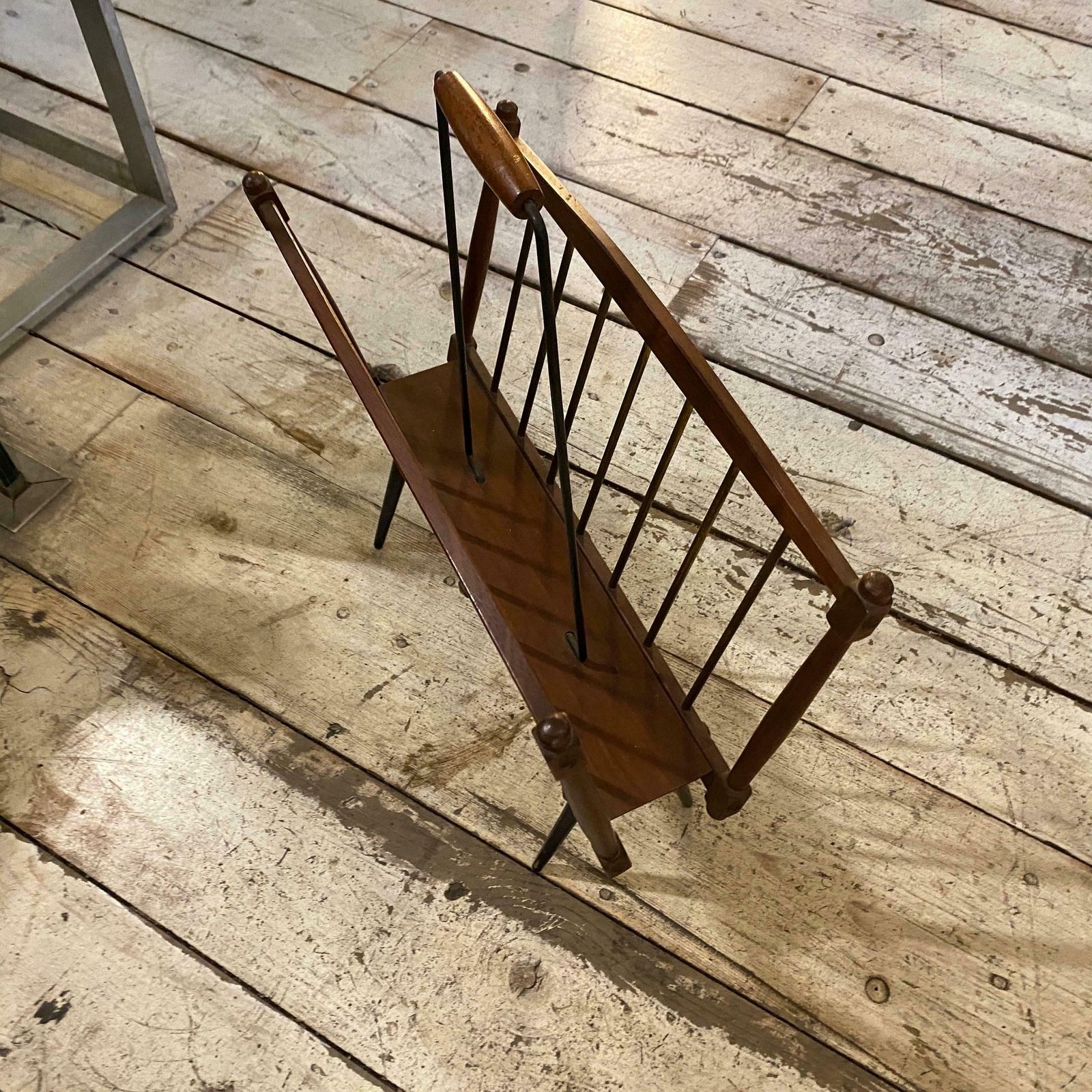 1960s Mid Century Modern Teak And Black Painted Iron Italian Magazine Stand photo for sale