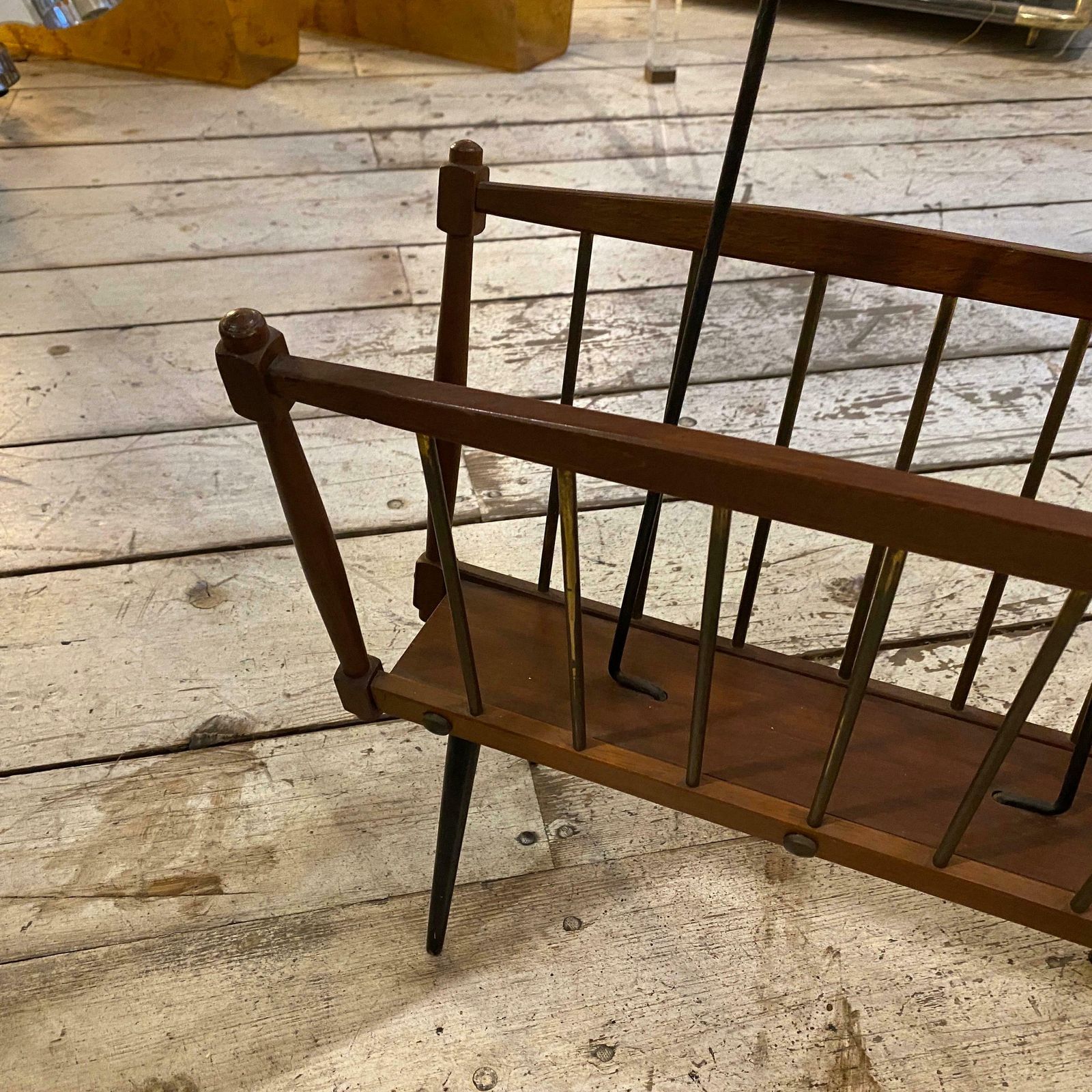 photo for sale 1960s Mid Century Modern Teak And Black Painted Iron Italian Magazine Stand