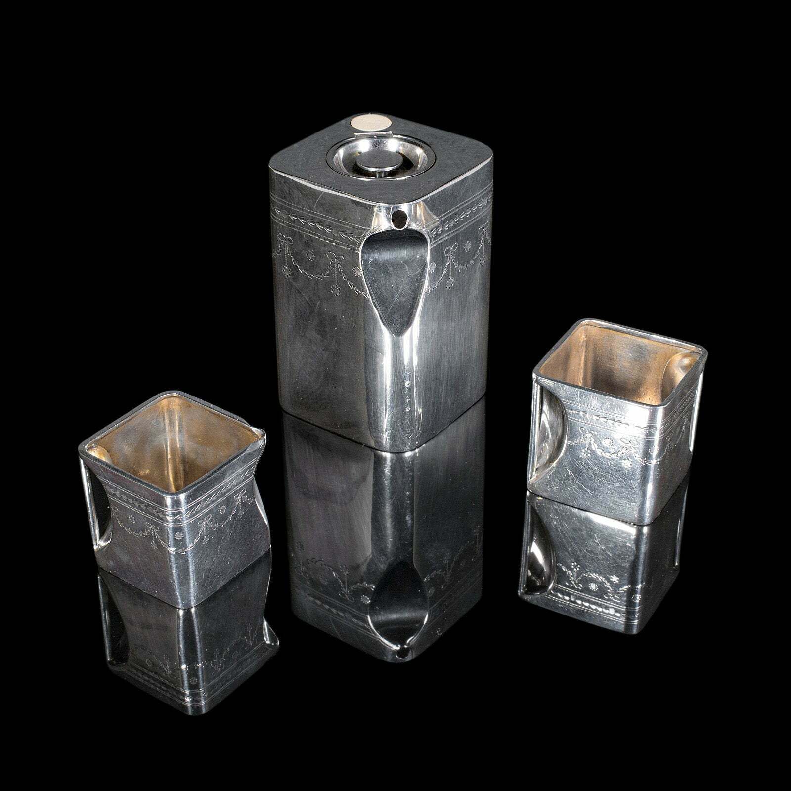 Antique The Cube Tea And Coffee Set, English Silver Plate, Pourer, Creamer, 1920