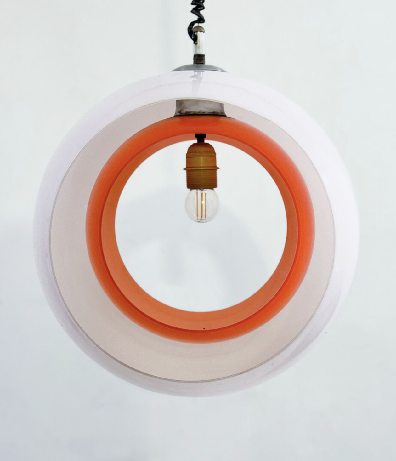 Mid Century Murano Glass White And Orange Suspension Model “Eclisse” By Carlo Nason For Mazzega, Italy, 1960s photo vinterior