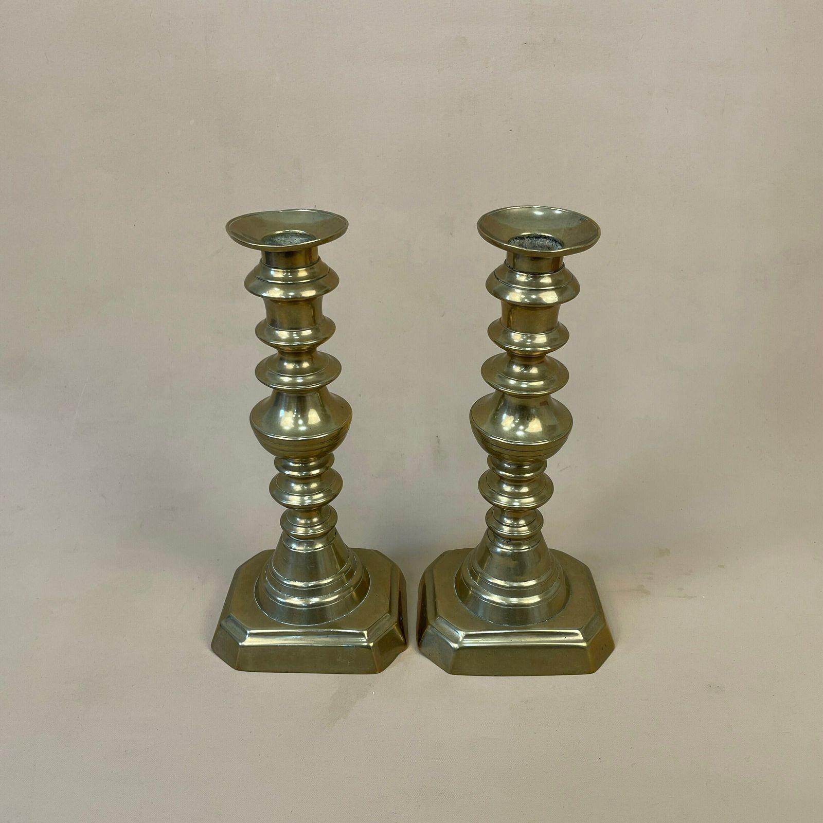 Antique Matching Pair Of Gold Brass Metal Candlestick Candle Stick Vintage Column Taper Dinner Candlesticks Square Base Column