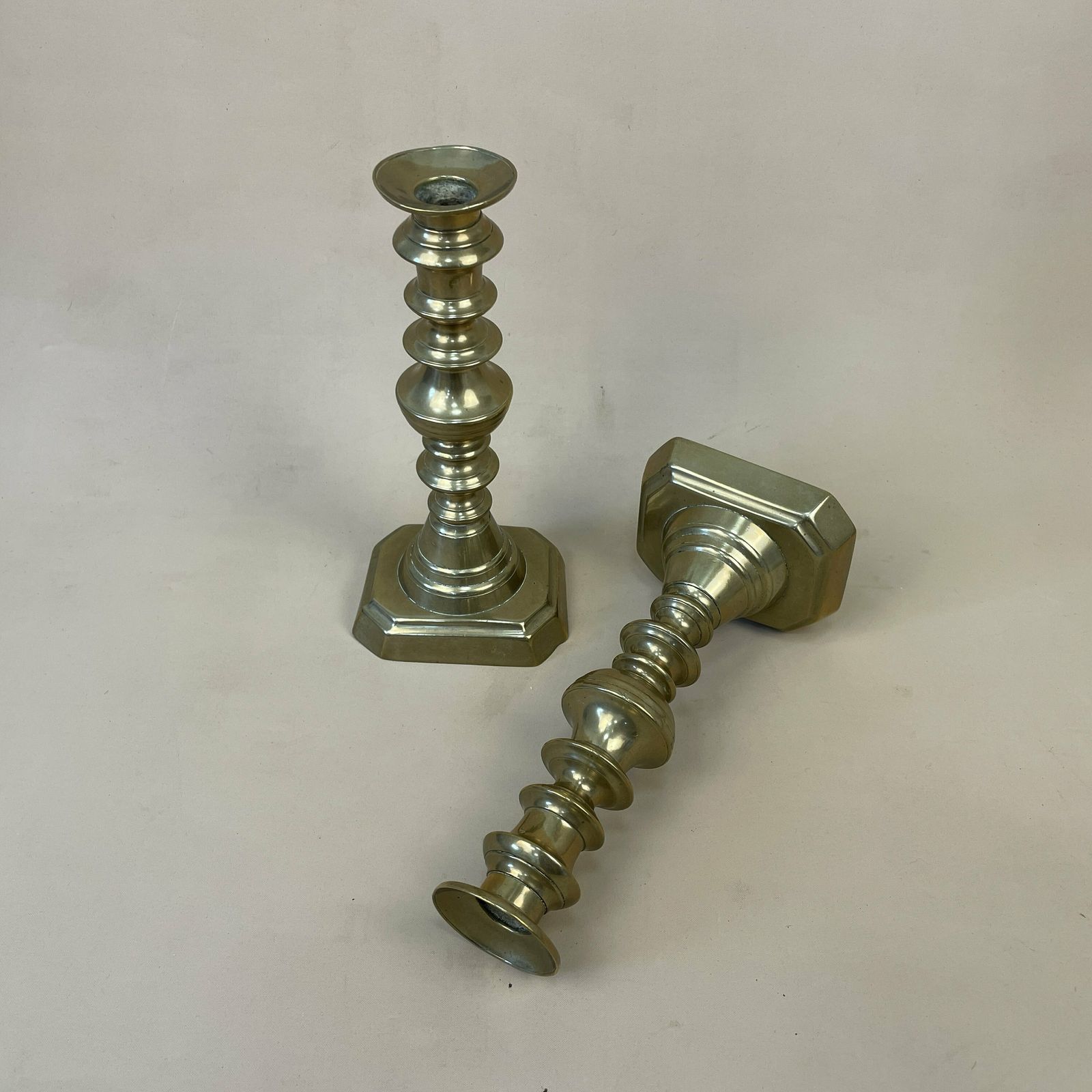 Antique Matching Pair Of Gold Brass Metal Candlestick Candle Stick Vintage Column Taper Dinner Candlesticks Square Base Column photo for sale