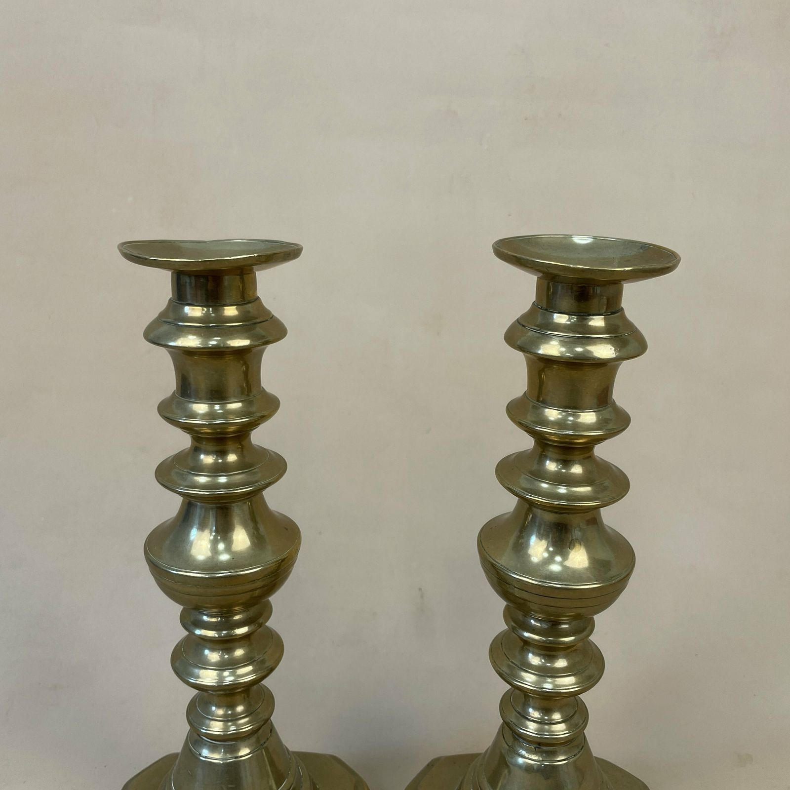Antique Matching Pair Of Gold Brass Metal Candlestick Candle Stick Vintage Column Taper Dinner Candlesticks Square Base Column photo Home Decor