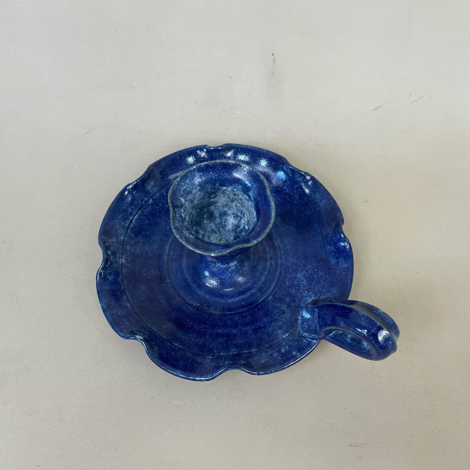 Antique Ceramic Candlestick Chamber Candle Stick Painted Base Vintage Round Handle Taper Dinner Blue Handmade Studio Pottery photo 55.0