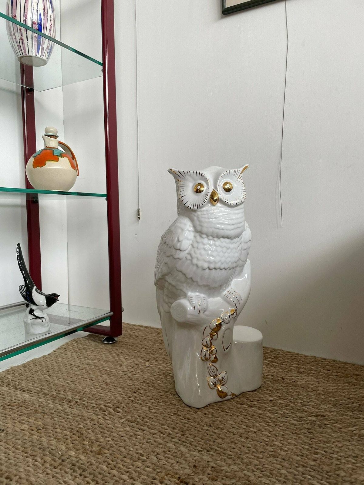 Kitsch Large Ceramic Owl Umbrella Stand   White With Gold Accents, Hollywood Regency Style photo buy