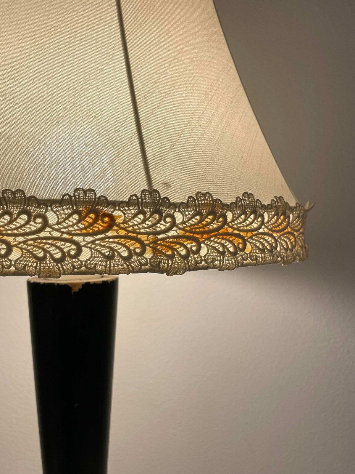 Danish Vintage Elegant 1930s Art Deco Table Lamp With Brass And Wooden Base And Gorgeous White Pleated Shade With Lace Ribbons photo Lighting
