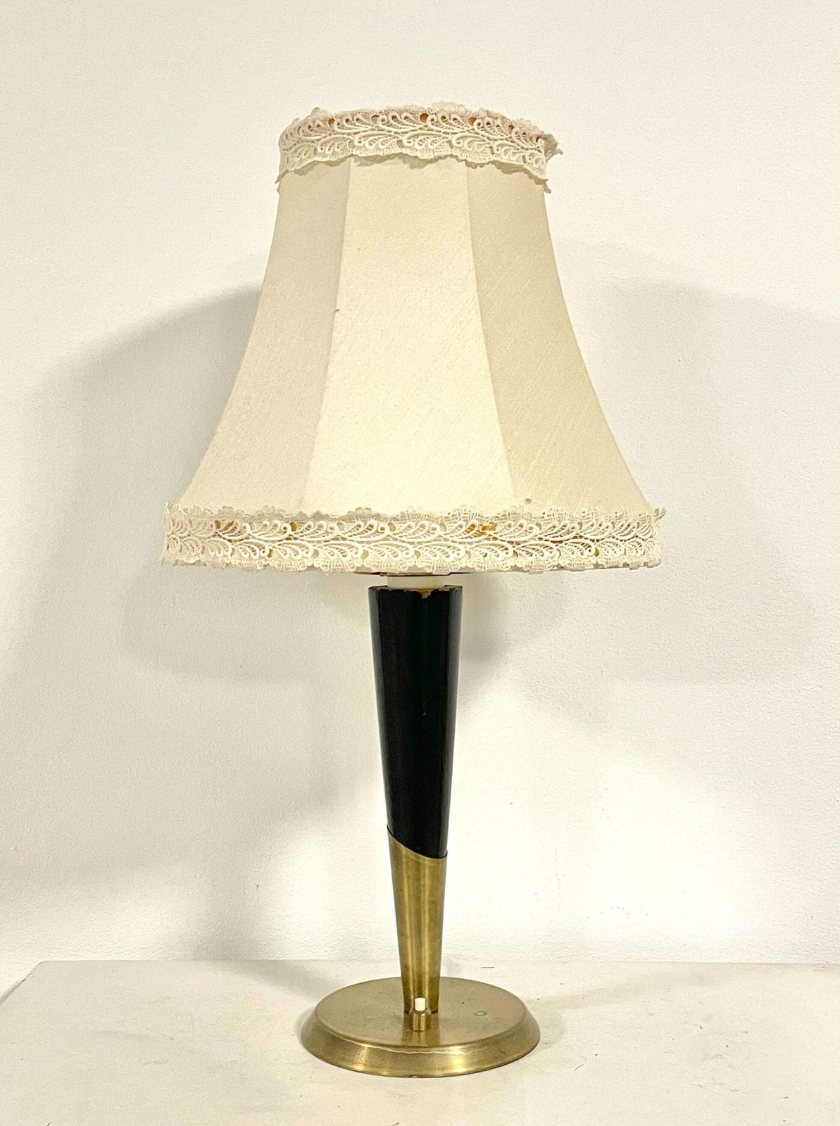 Danish Vintage Elegant 1930s Art Deco Table Lamp With Brass And Wooden Base And Gorgeous White Pleated Shade With Lace Ribbons photo 228.0