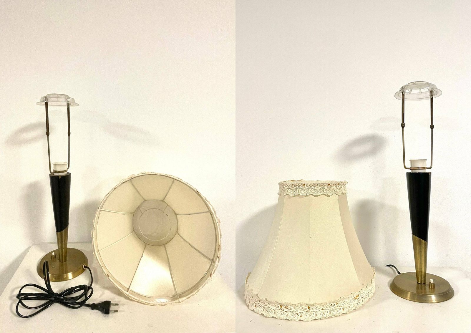 Danish Vintage Elegant 1930s Art Deco Table Lamp With Brass And Wooden Base And Gorgeous White Pleated Shade With Lace Ribbons photo buy