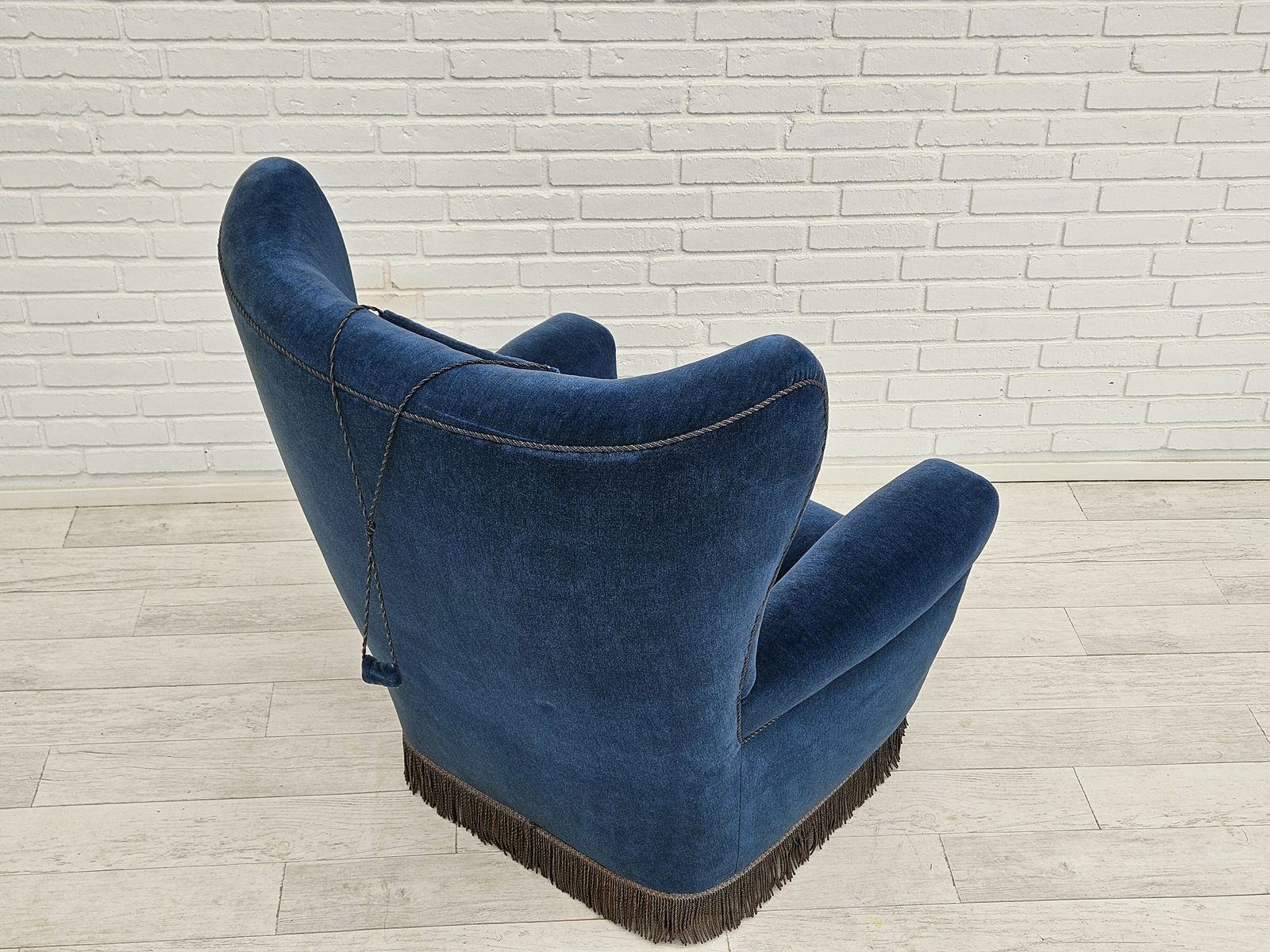 photo for sale 1960s, Danish Highback Relax Armchair, Original Condition, Blue Furniture Velour.