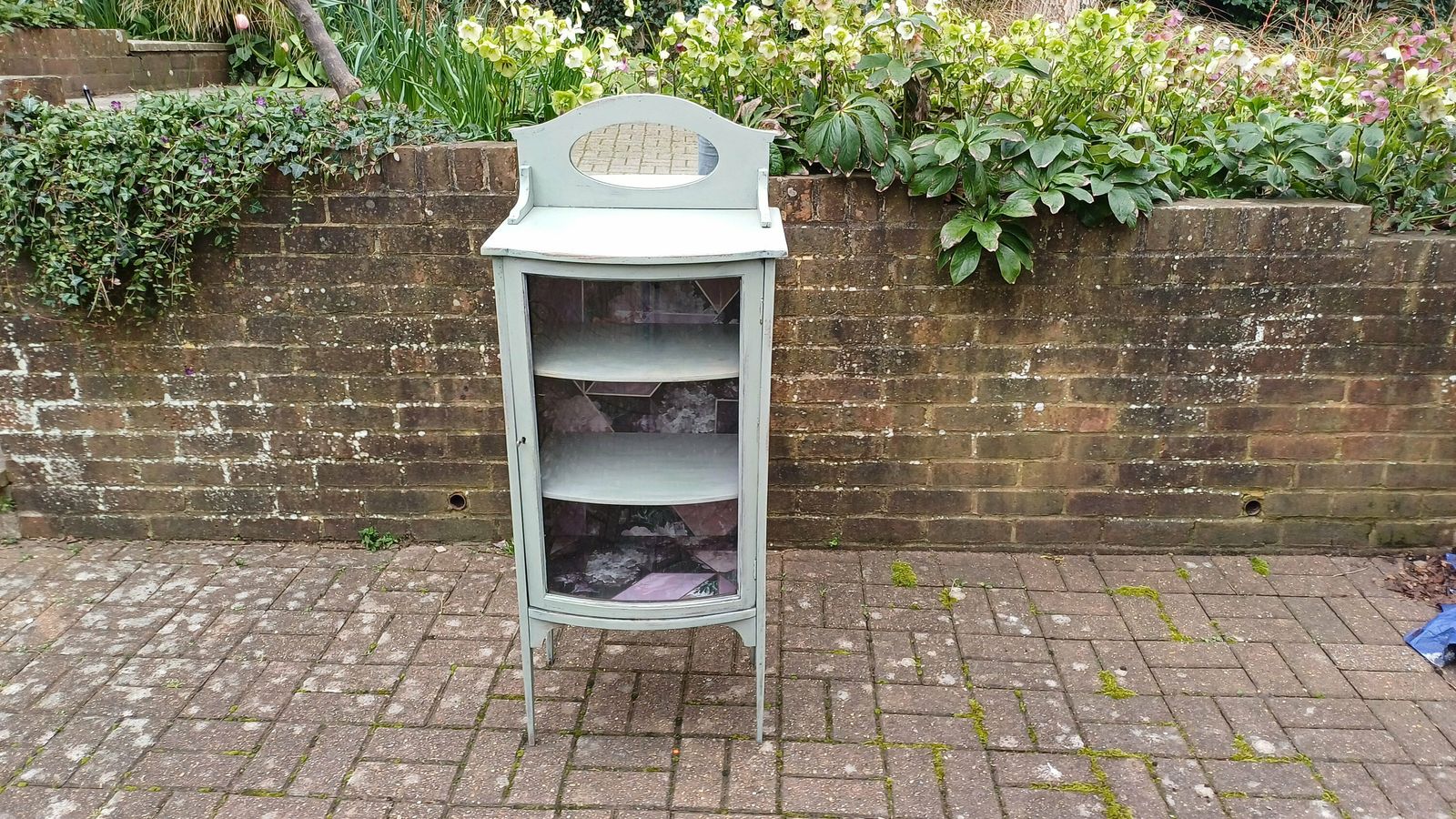 Unique Vintage Victorian Painted Display Cupboard Green With Mirror Top And Interior Decoupage.
