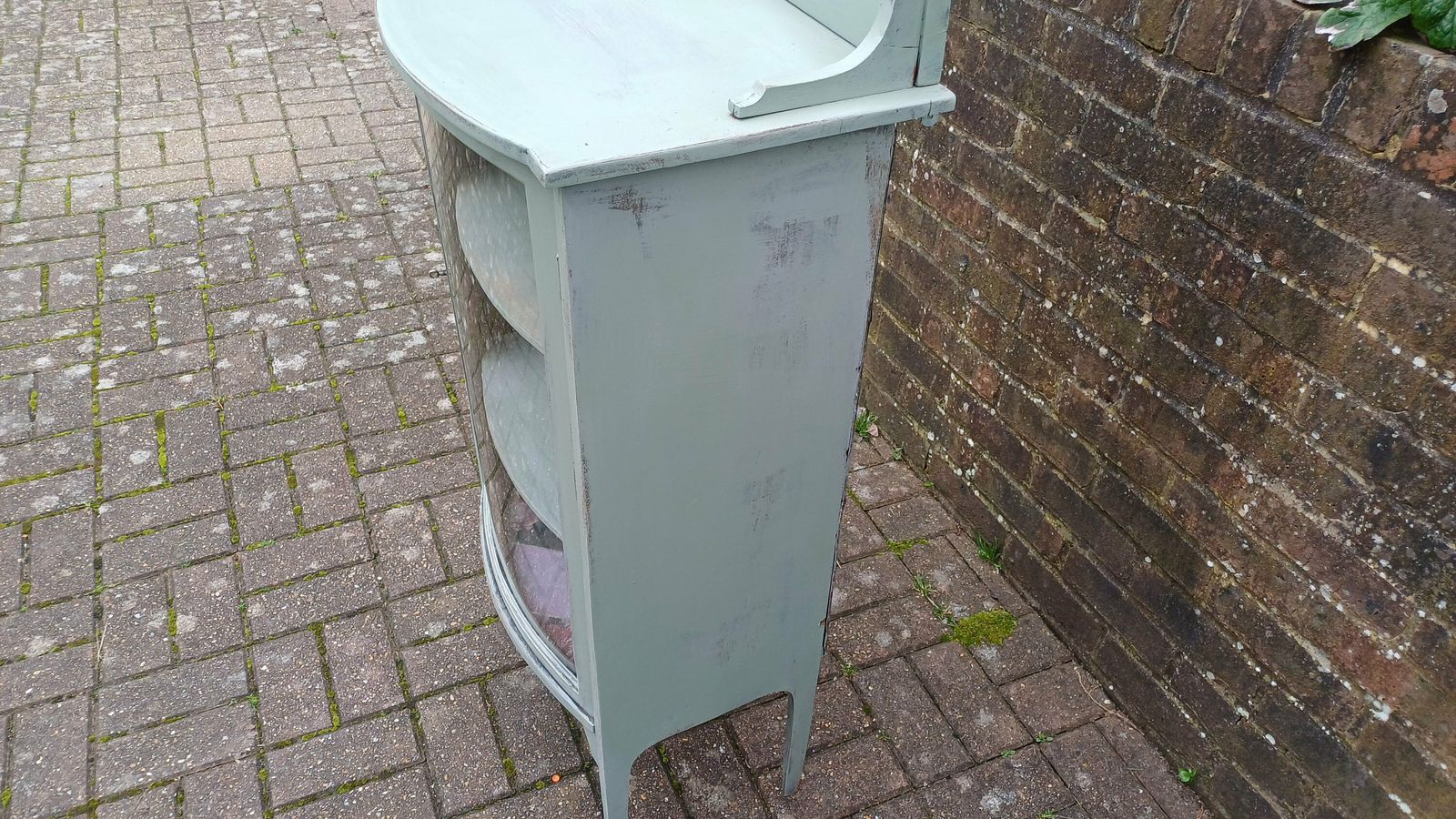 Unique Vintage Victorian Painted Display Cupboard Green With Mirror Top And Interior Decoupage. photo vinterior