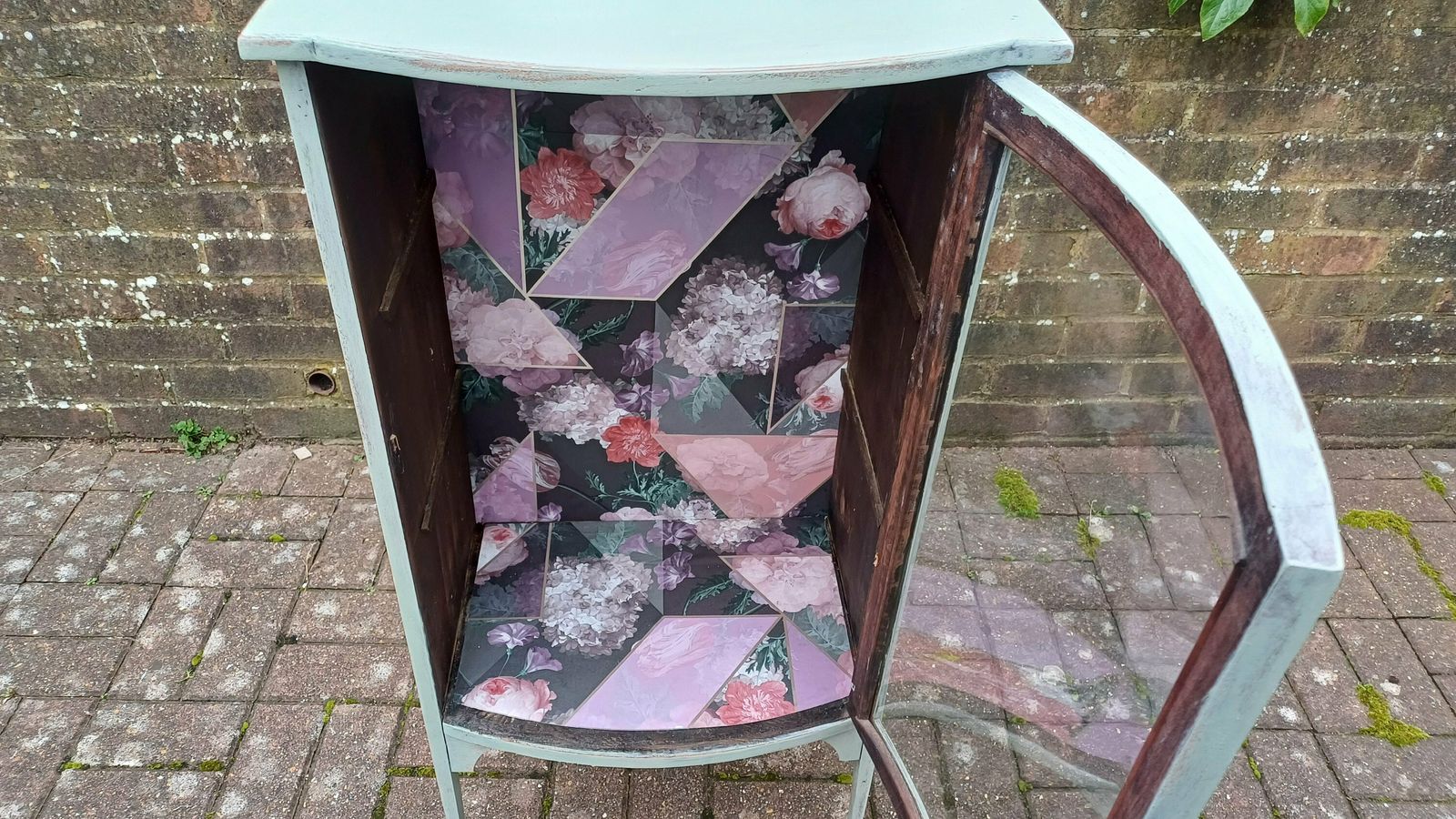 photo furniture Unique Vintage Victorian Painted Display Cupboard Green With Mirror Top And Interior Decoupage.