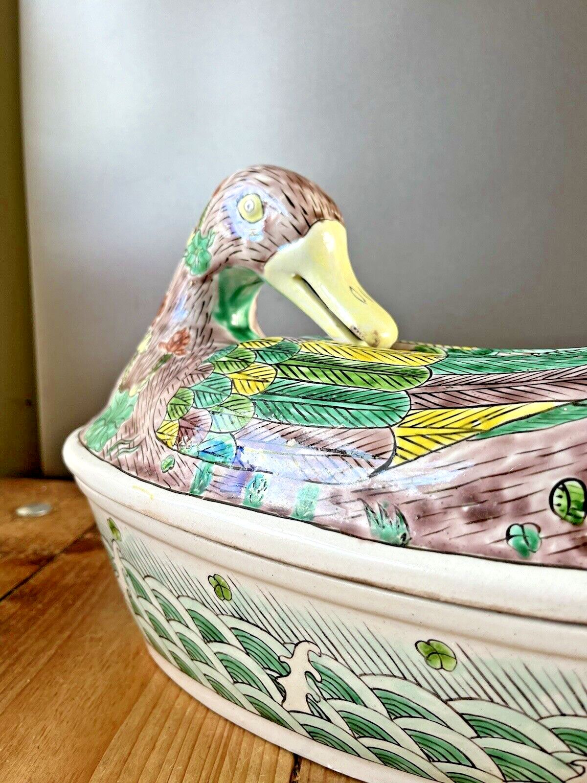 Large Chinese Porcelain Famille Verte Duck On Nest Lidded Tureen Foo Dog Dragon photo vinterior