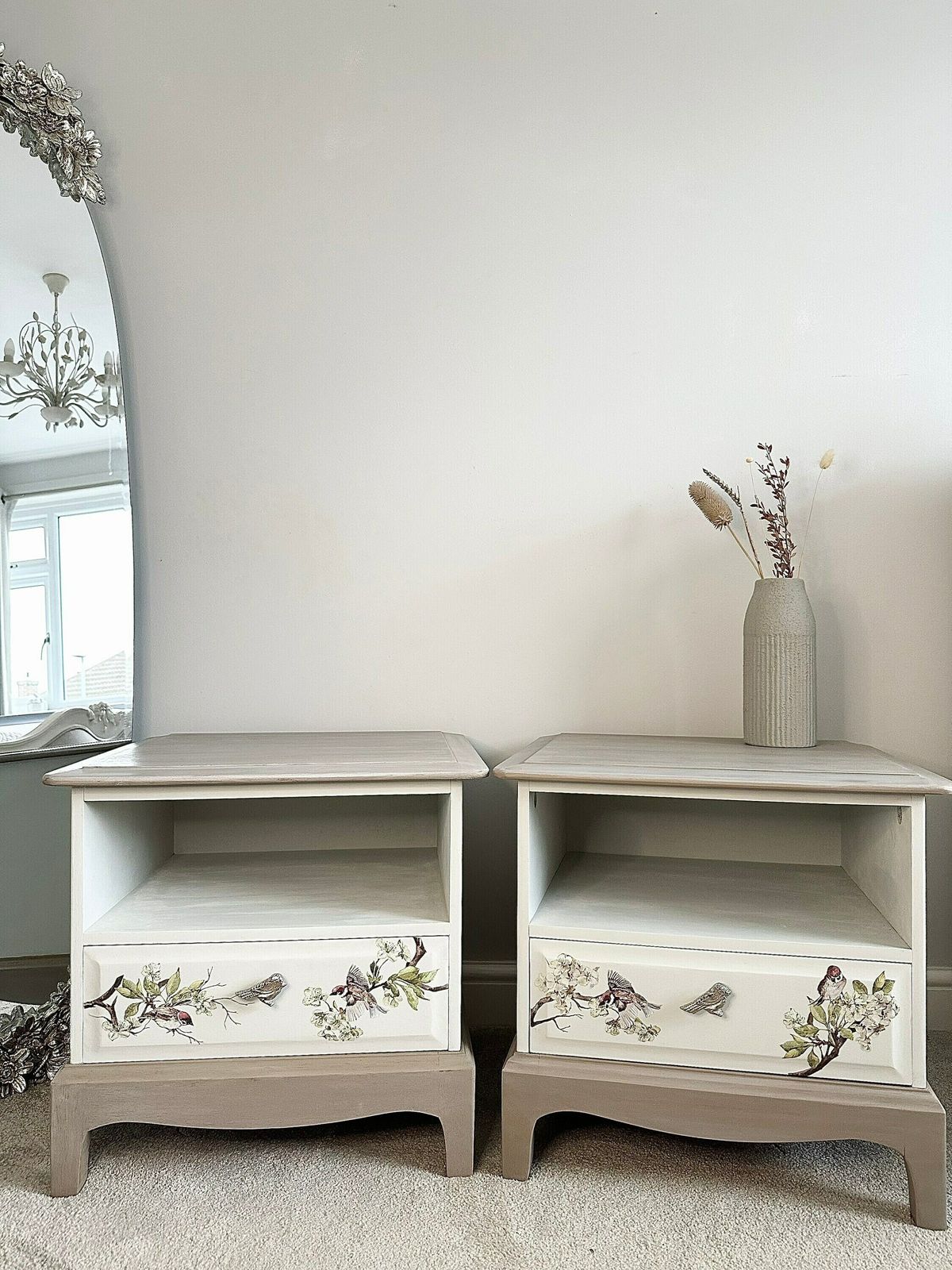Set Of Bird Design Bedside Cabinets, Bedside Tables, Grey Cabinets, Hand Painted Drawers, Bedside Drawers, Stag Drawers, Upcycled photo furniture