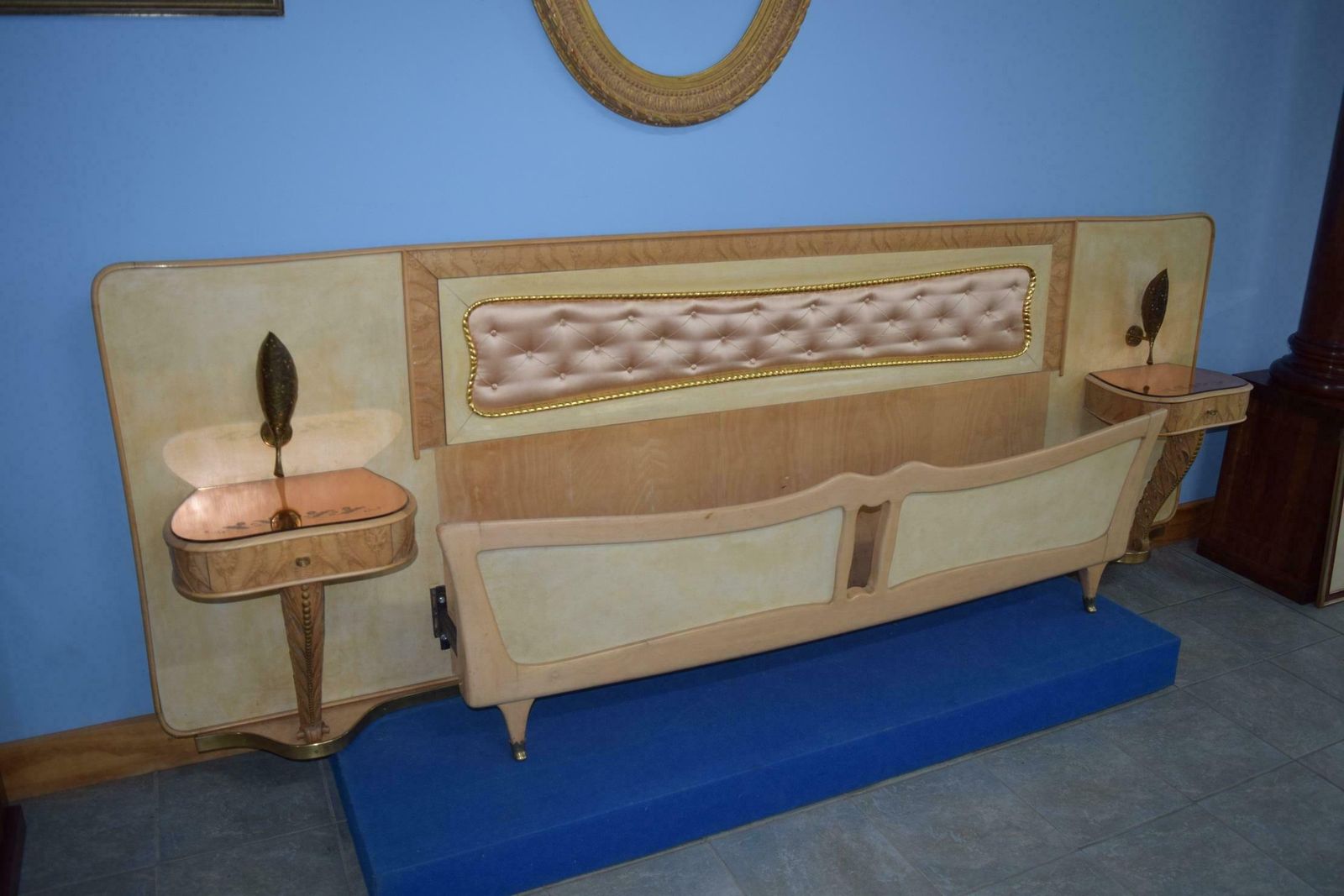Italian Midcentury Bed With Night Stands In Parchment By Pierluigi Colli, 1950s photo furniture