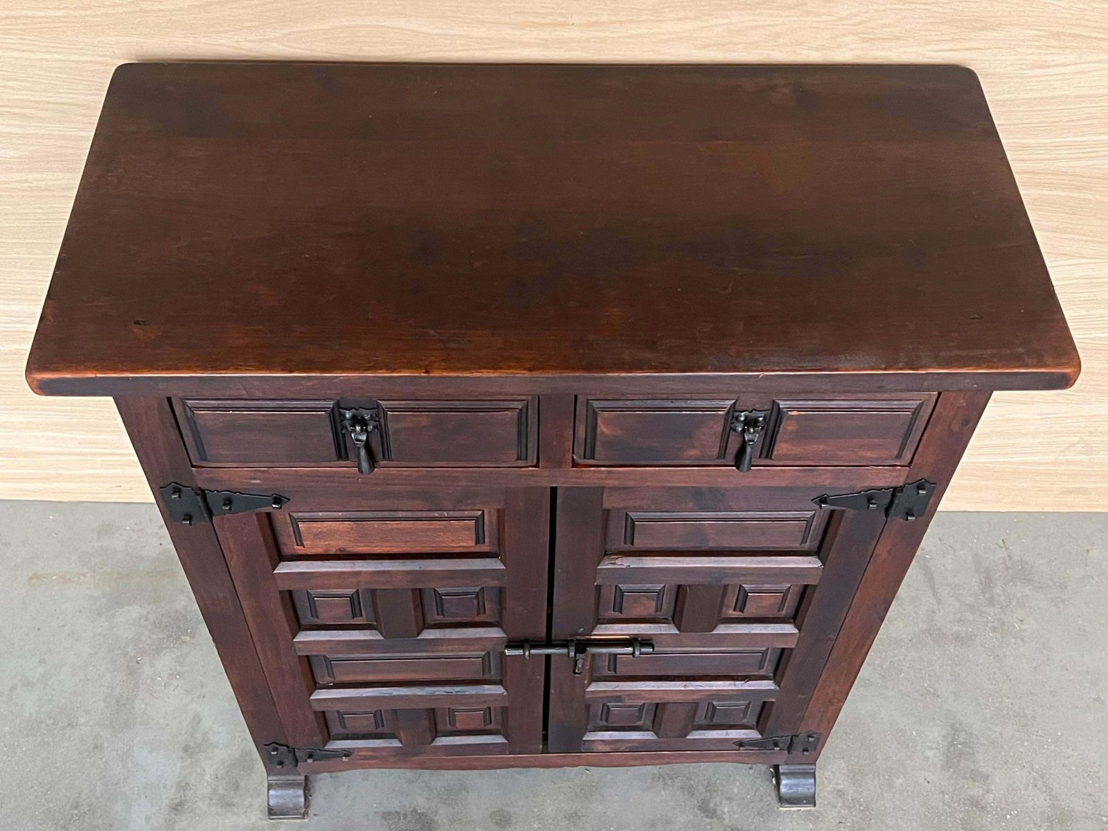 19th Spanish Baroque Carved Walnut Narrow Two Drawer Credenza Or Buffet photo vinterior