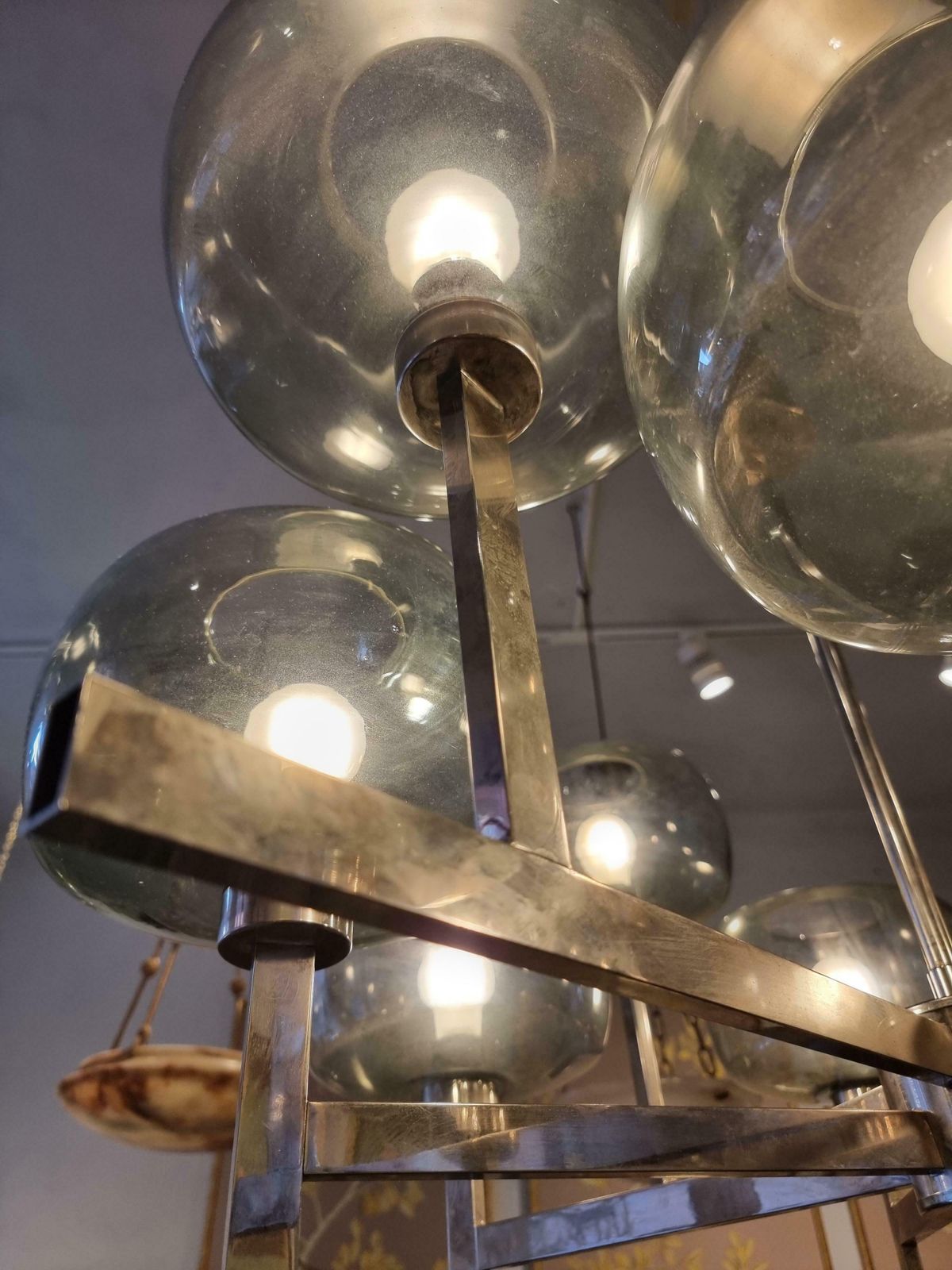 Holger Johansson, Chandelier, Scandinavian Modern / Midcentury, Chrome & Glass photo vinterior