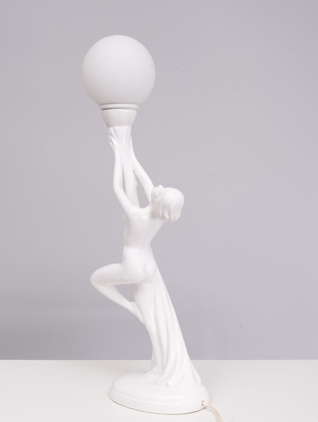 Art Deco White Ceramic Naked Woman Lamp Globe Italy 1970s photo furniture