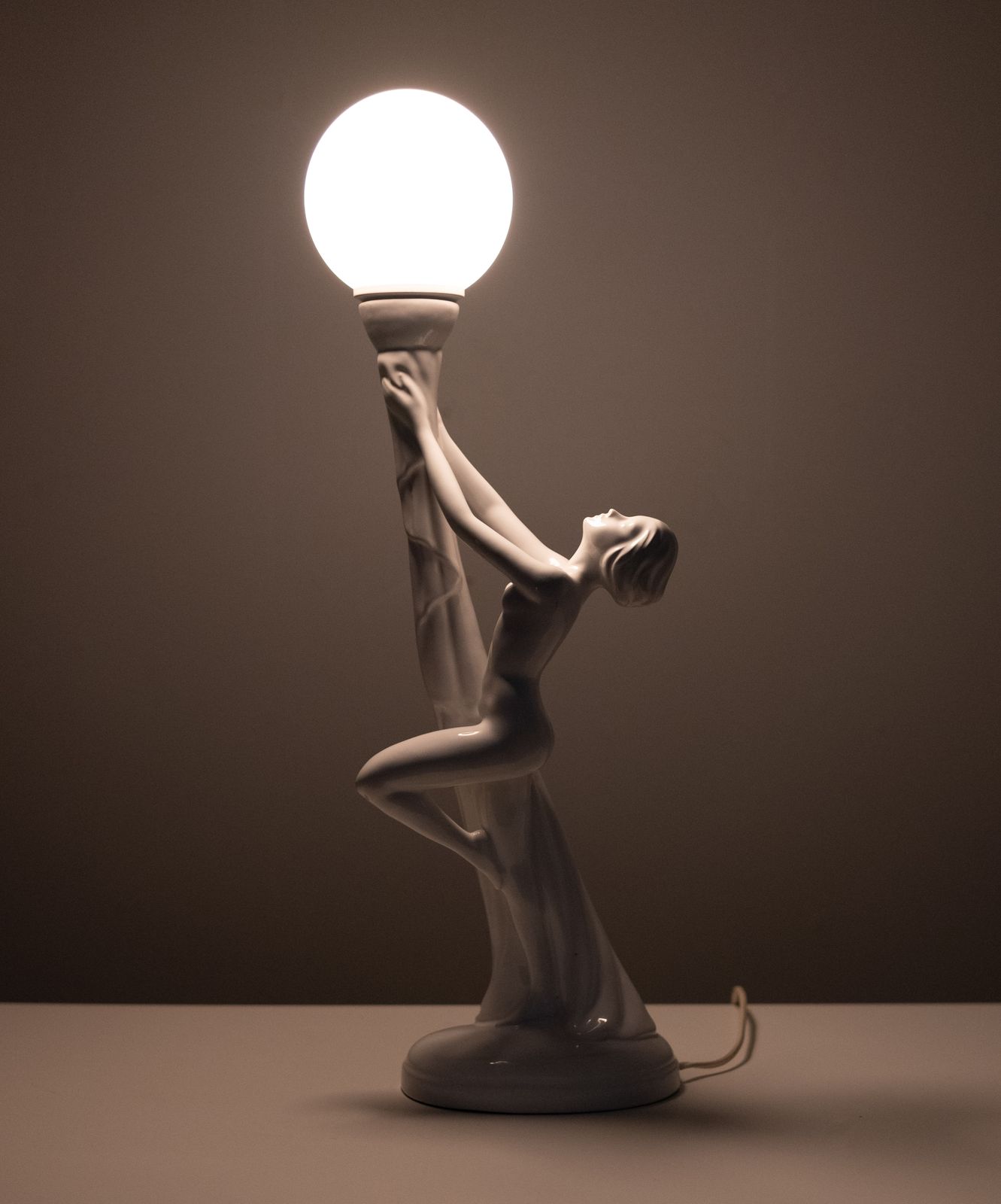 photo for sale Art Deco White Ceramic Naked Woman Lamp Globe Italy 1970s