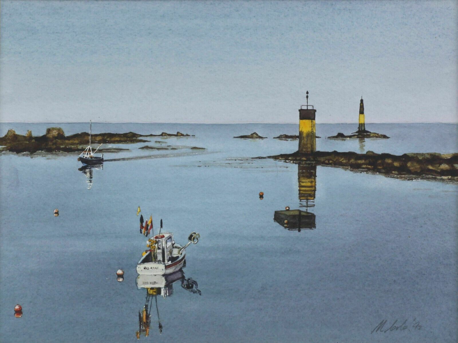 Watercolour By Maurice Cole. Titled "Harbour Scene   Roscoff" photo furniture