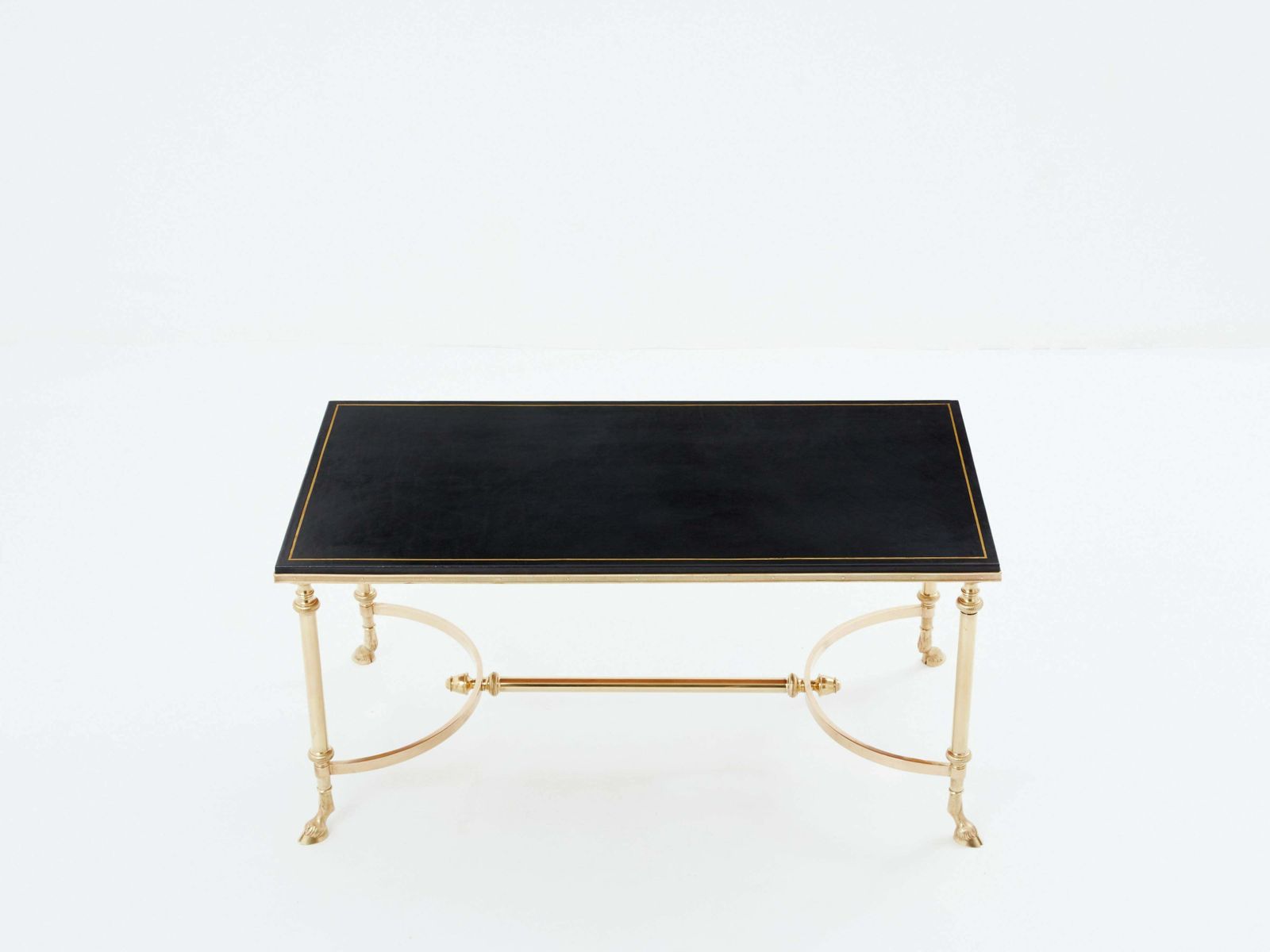 Maison Charles Neoclassical Coffee Table Brass Black Leather 1970s photo Furniture