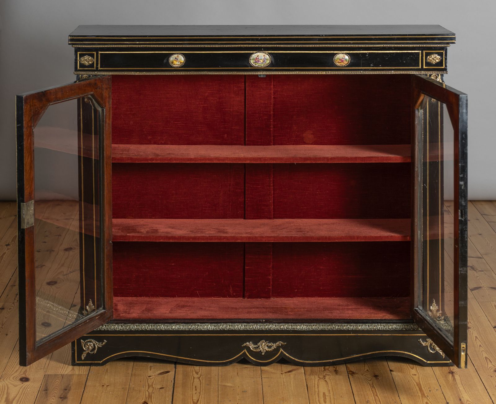 photo for sale Victorian English Ebonised And Gilt Glazed Display Cabinet With Ormolu Mounts