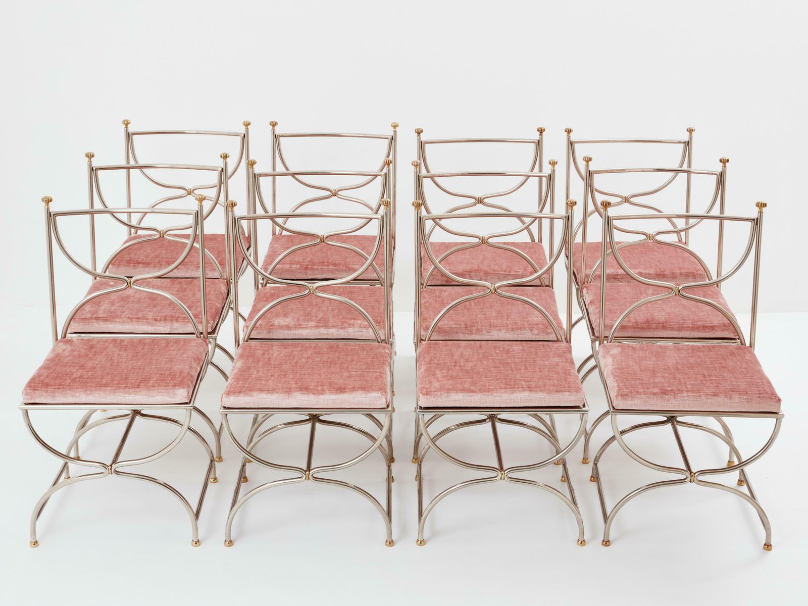 Maison Jansen 12 Curule Chairs Steel Brass Pink Velvet 1960s photo for sale