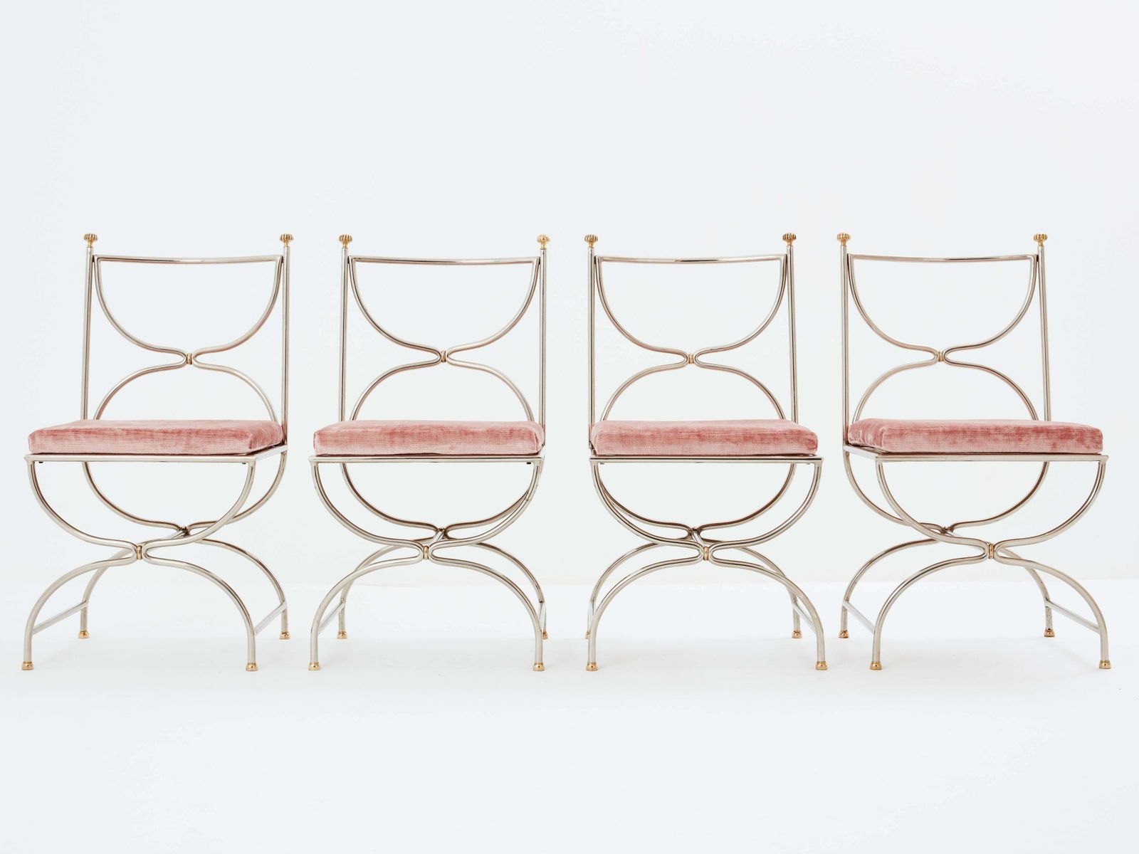 Maison Jansen 12 Curule Chairs Steel Brass Pink Velvet 1960s photo vinterior