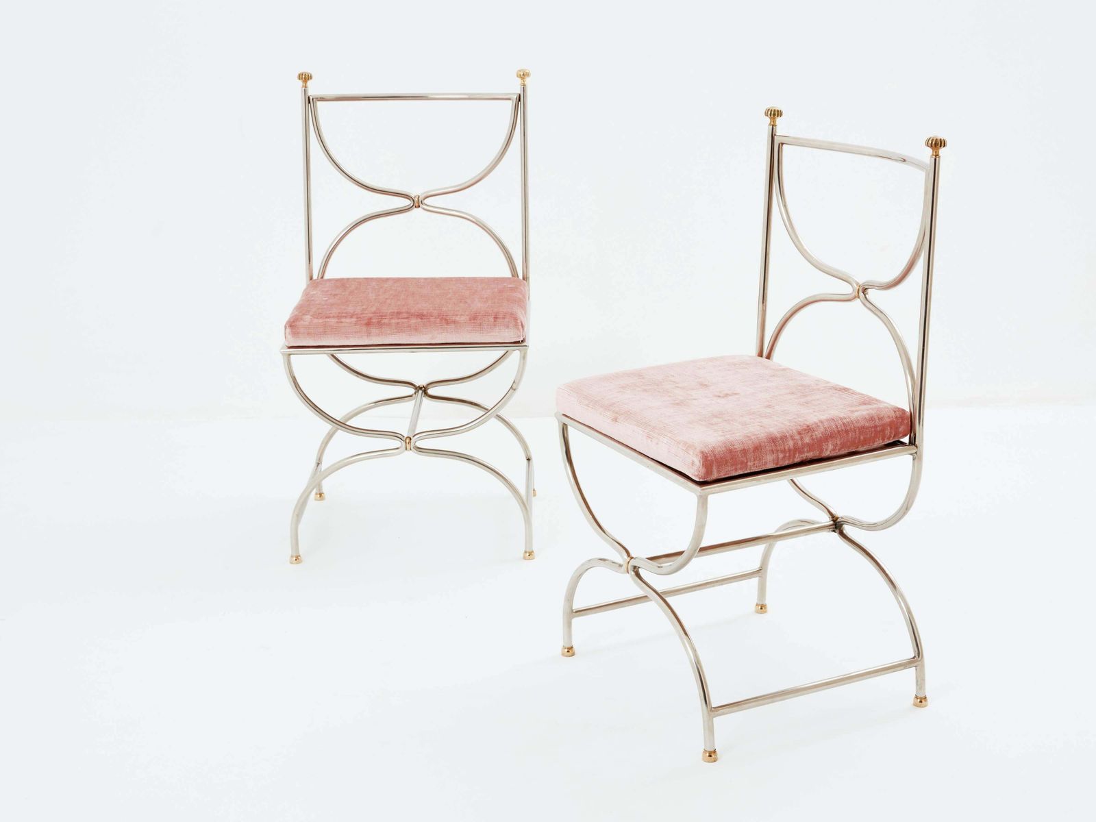 Maison Jansen 12 Curule Chairs Steel Brass Pink Velvet 1960s photo buy