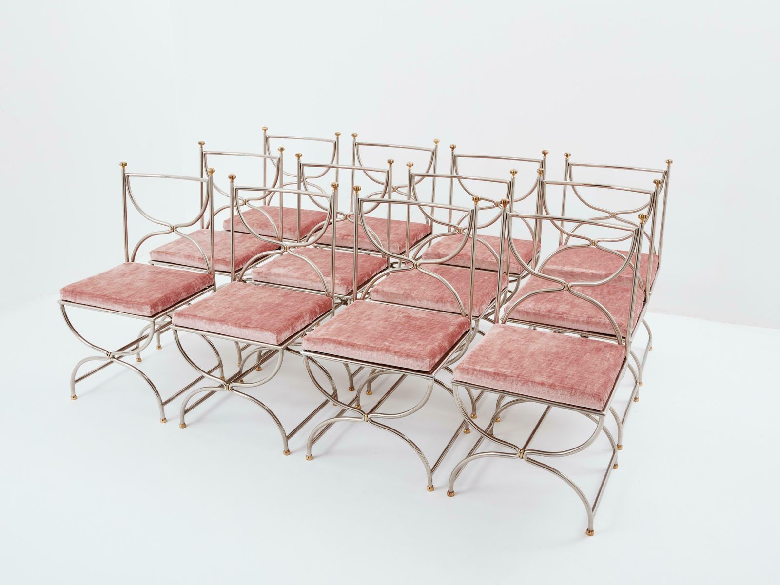 photo furniture Maison Jansen 12 Curule Chairs Steel Brass Pink Velvet 1960s