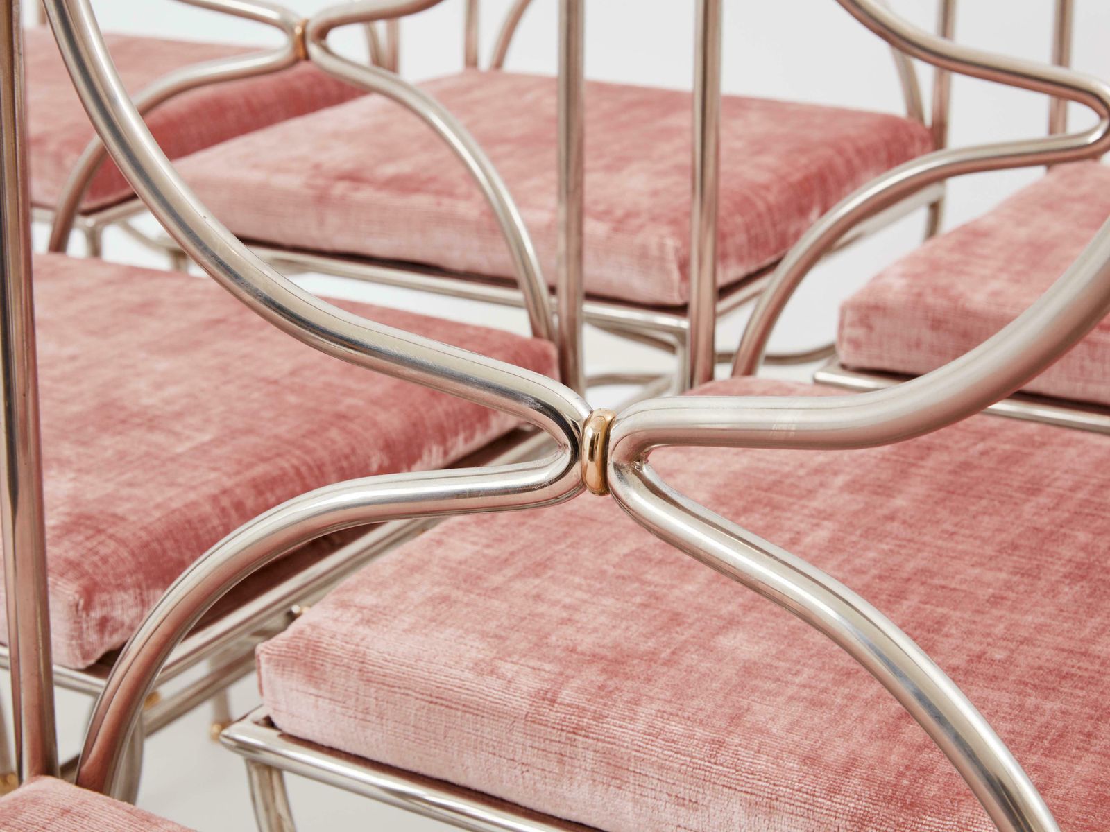 32498.0 Maison Jansen 12 Curule Chairs Steel Brass Pink Velvet 1960s photo