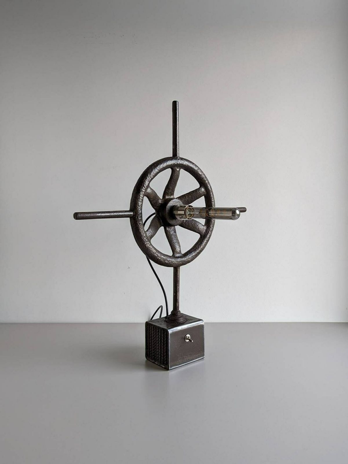 Vintage Industrial Ship's Wheel Gate Valve Upcycled Into Accent Table Lamp photo vinterior