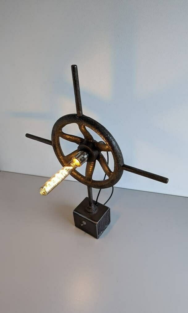 Vintage Industrial Ship's Wheel Gate Valve Upcycled Into Accent Table Lamp photo buy