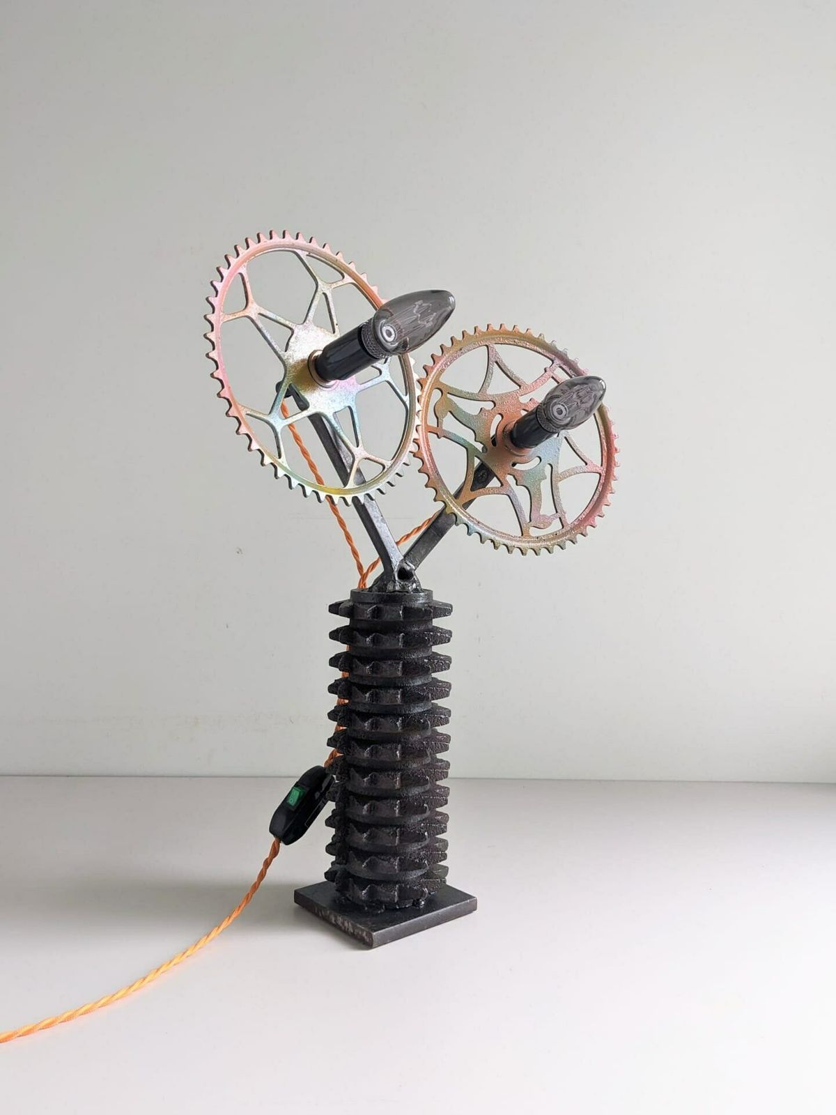 Bespoke Handbuilt Light Made Of Bike Parts, Quirky Accent Table Lamp photo for sale