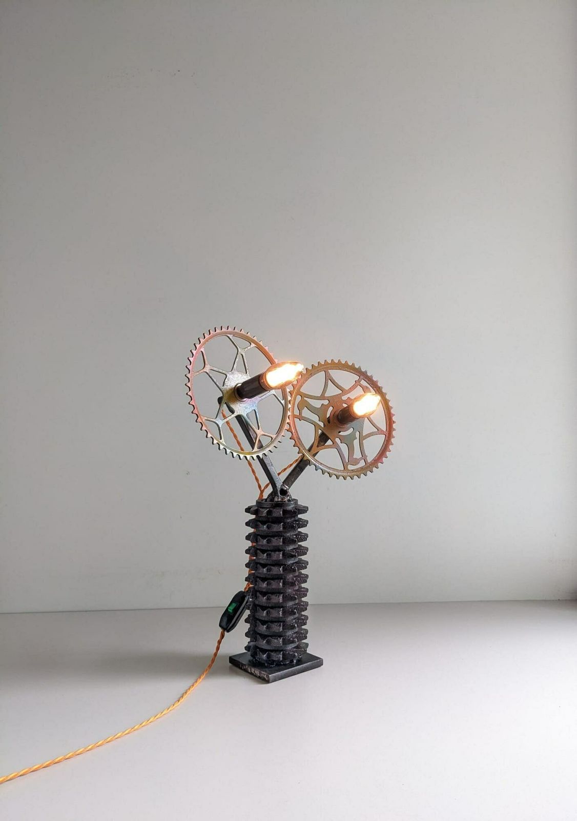 Bespoke Handbuilt Light Made Of Bike Parts, Quirky Accent Table Lamp photo Lighting