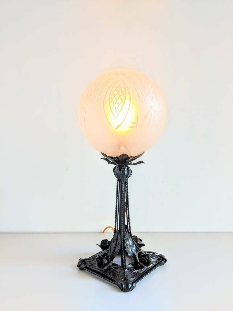 Beautiful Italian Handmade Metal Flower Base & Etched Glass Globe Shade Table Lamp photo furniture