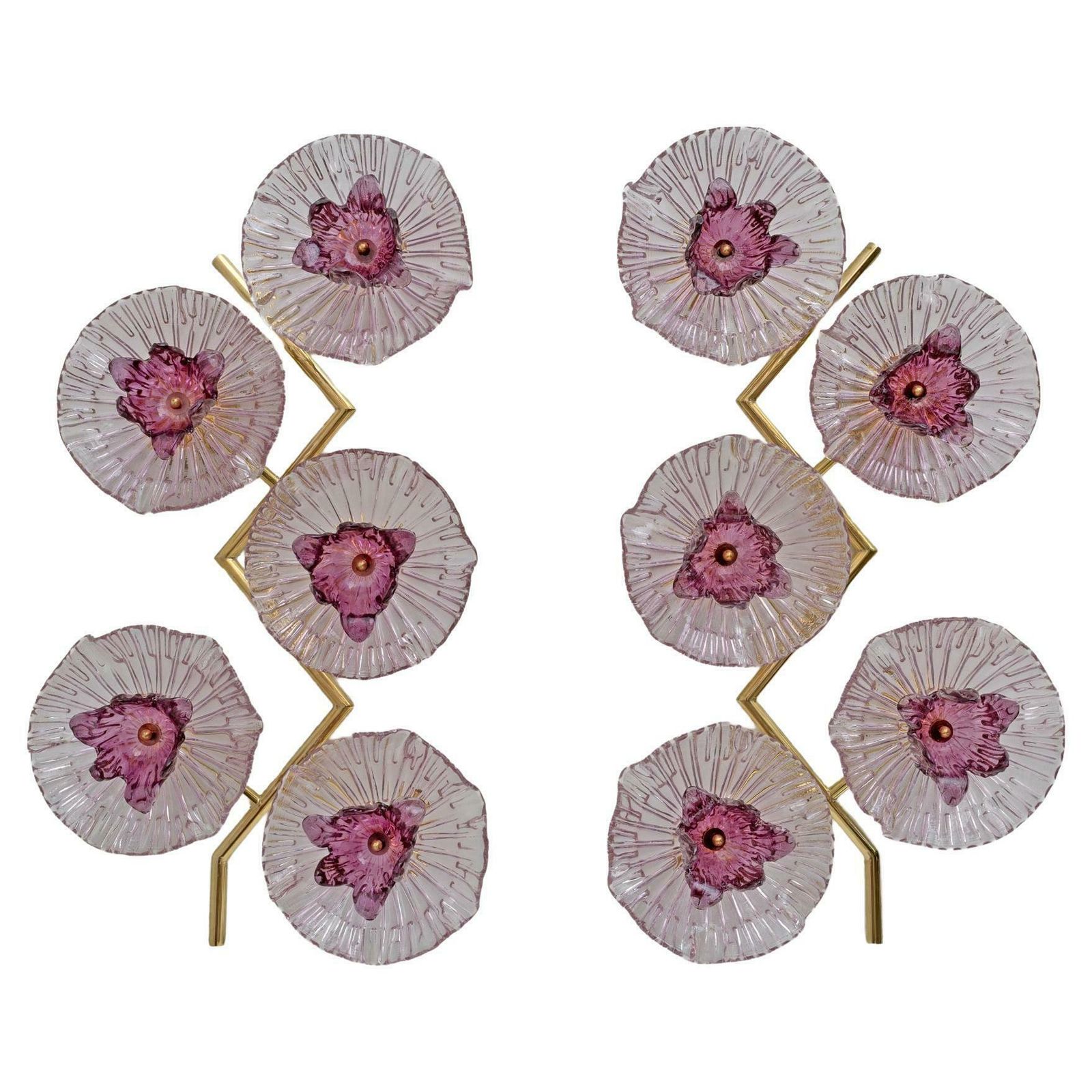 Pair Of Modern Italian Murano Glass And Brass Flowers Wall Lamps