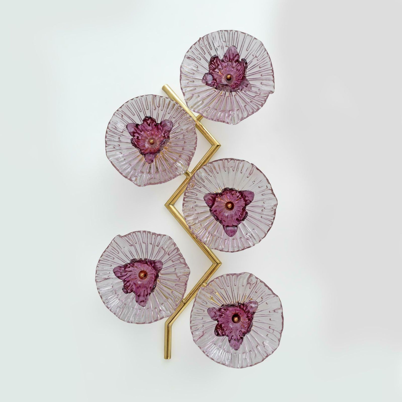Pair Of Modern Italian Murano Glass And Brass Flowers Wall Lamps photo vintage
